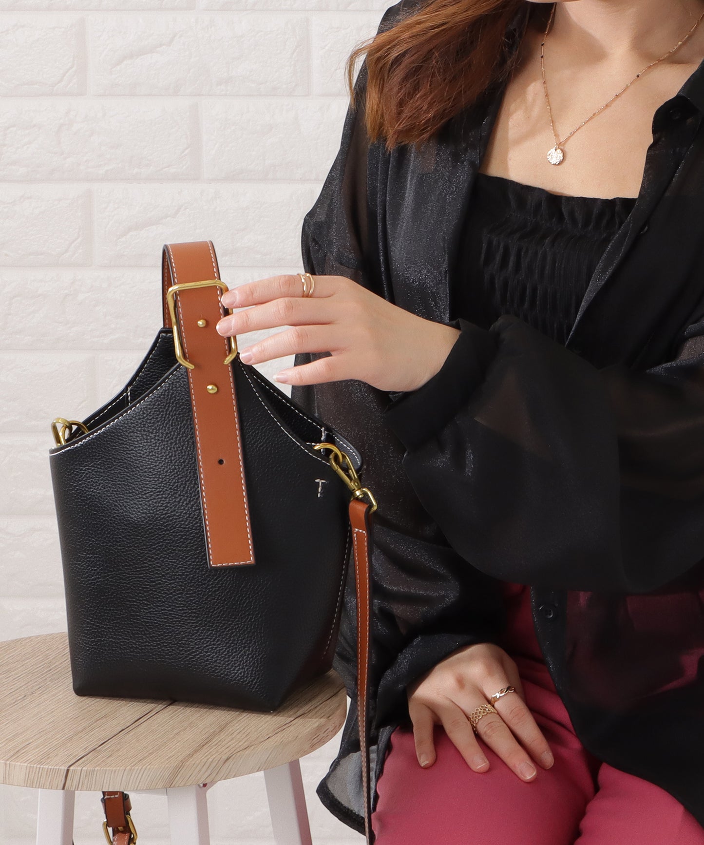 レザー調バイカラーワンハンドル 2WAYショルダーバッグ