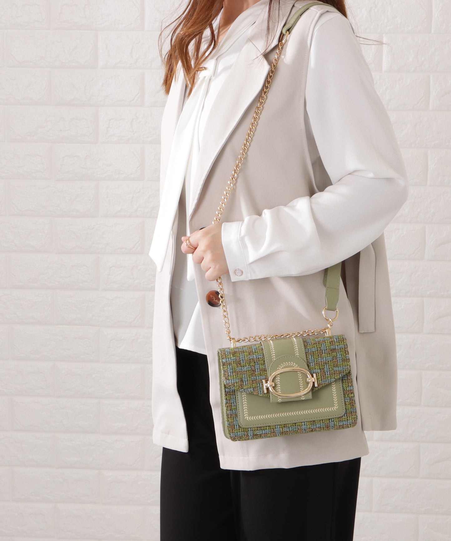 ミックスカラー異素材チェーンショルダーバッグ