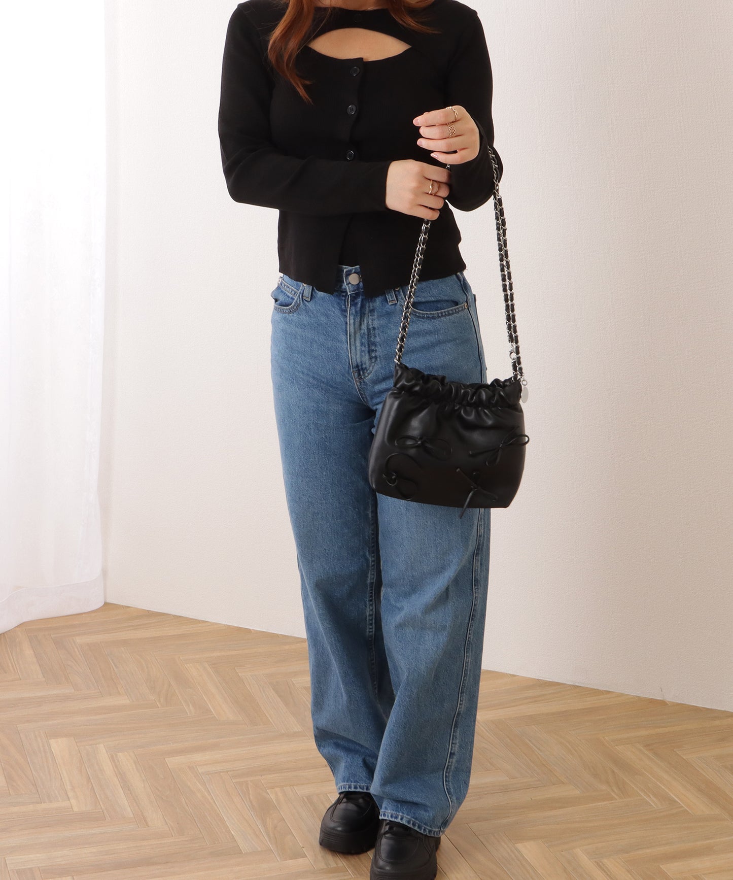 チェーンストラップ リボン ギャザー ショルダーバッグ