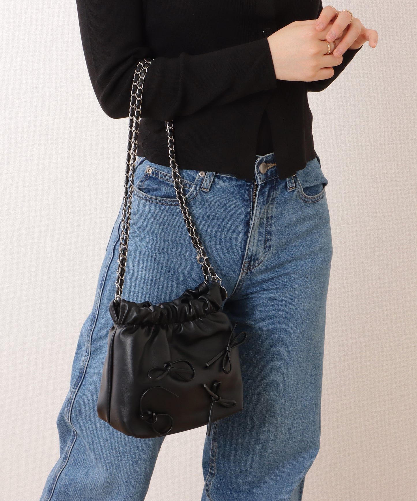 チェーンストラップ リボン ギャザー ショルダーバッグ