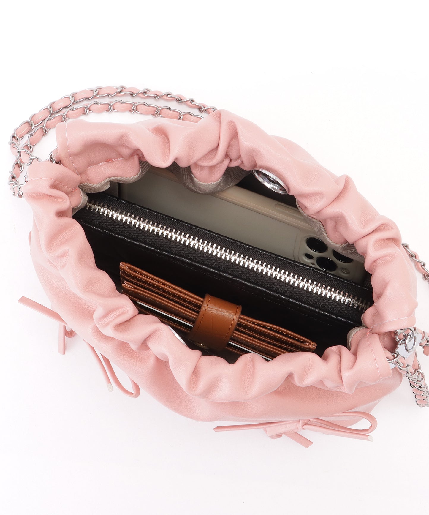 チェーンストラップ リボン ギャザー ショルダーバッグ