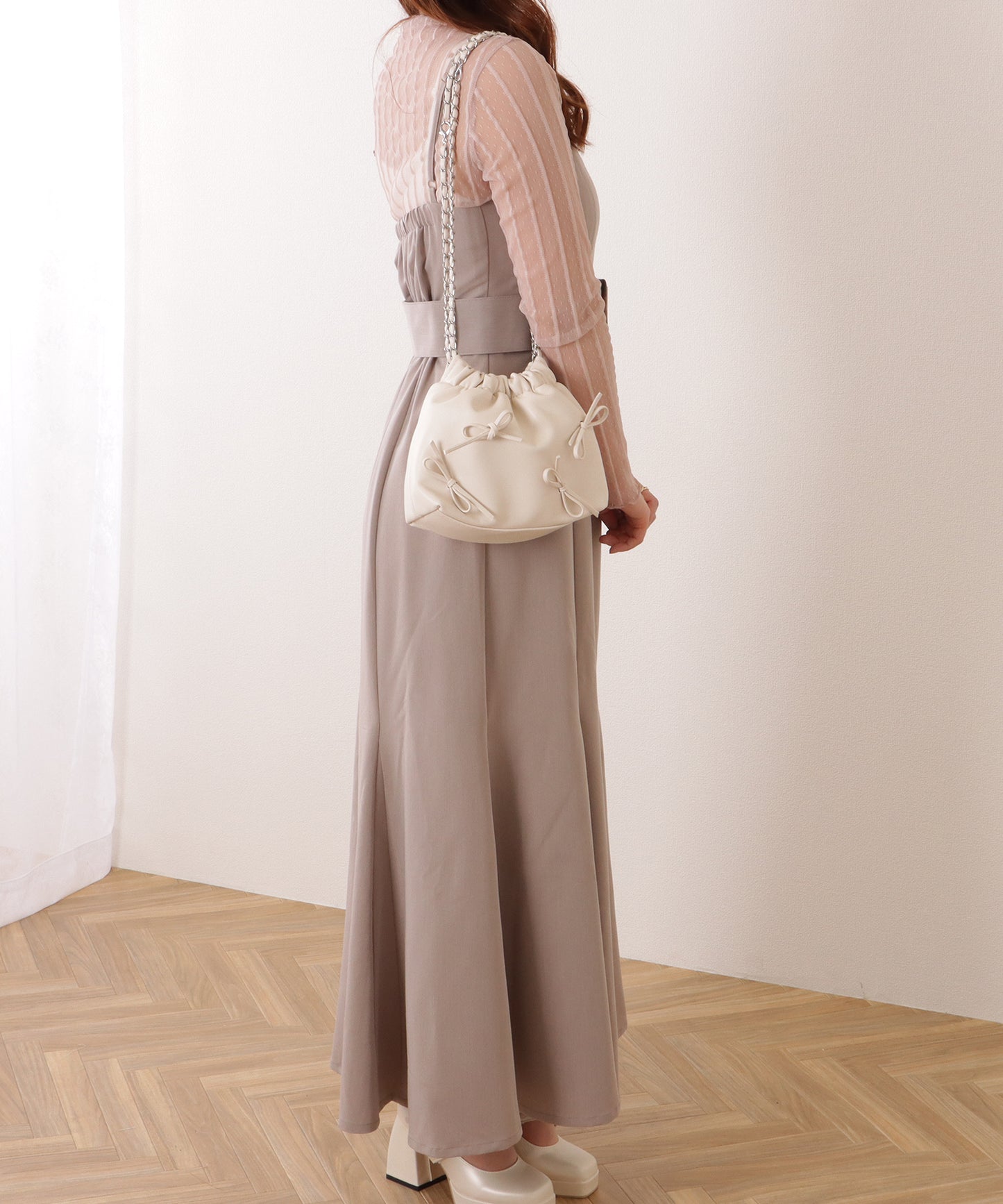 チェーンストラップ リボン ギャザー ショルダーバッグ