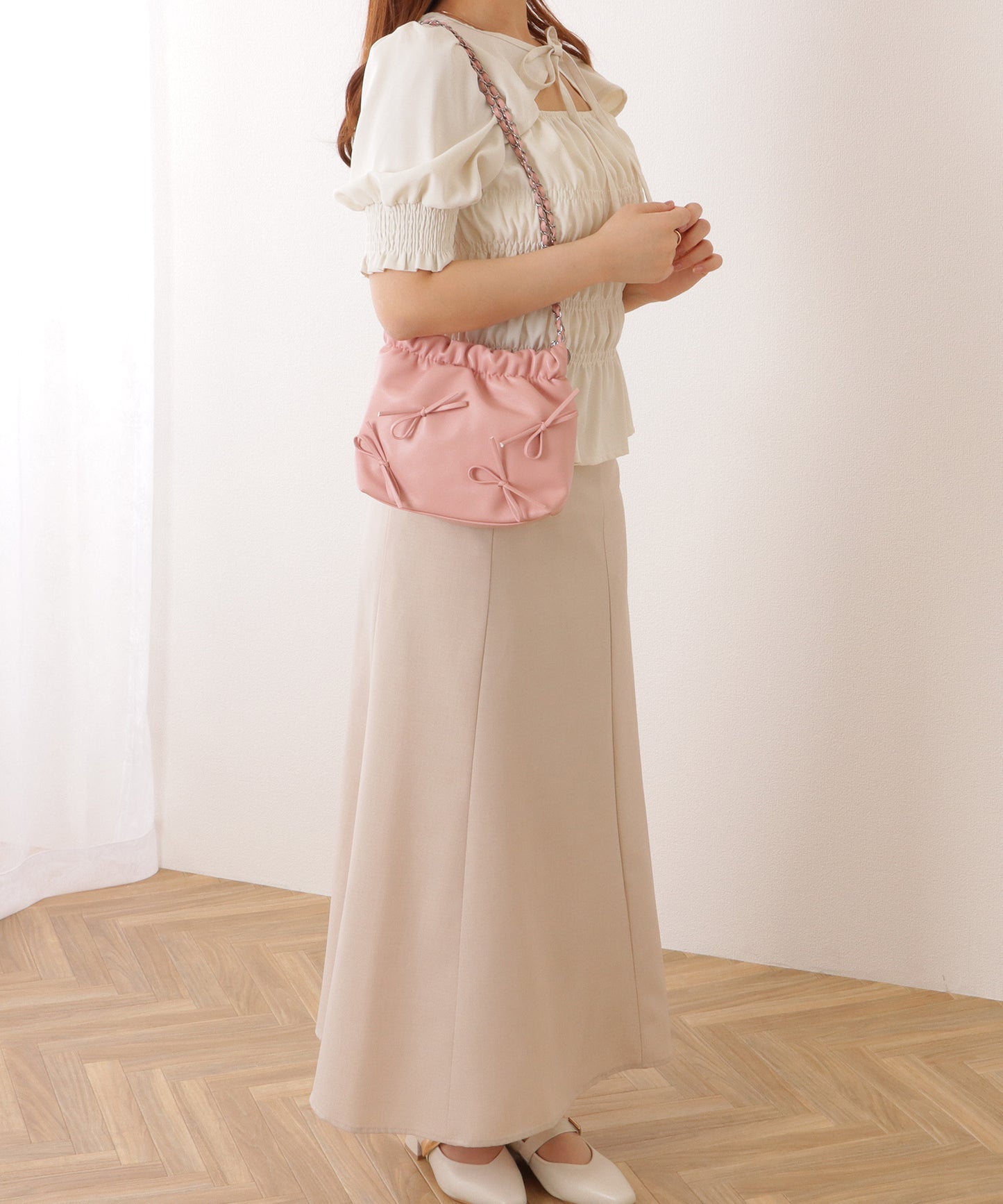 チェーンストラップ リボン ギャザー ショルダーバッグ