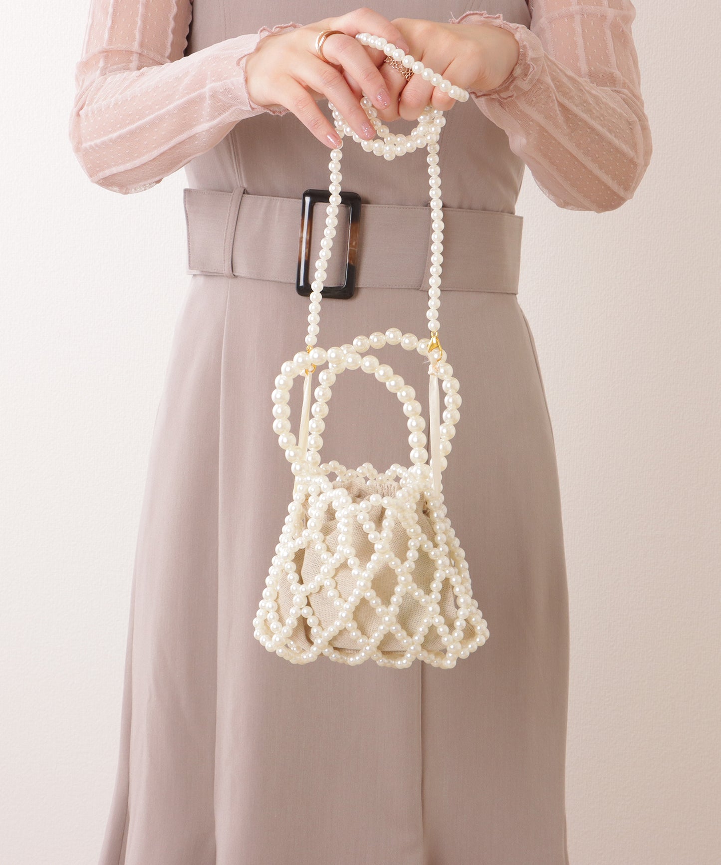 巾着インナー付き 2WAY コンパクト パール バッグ