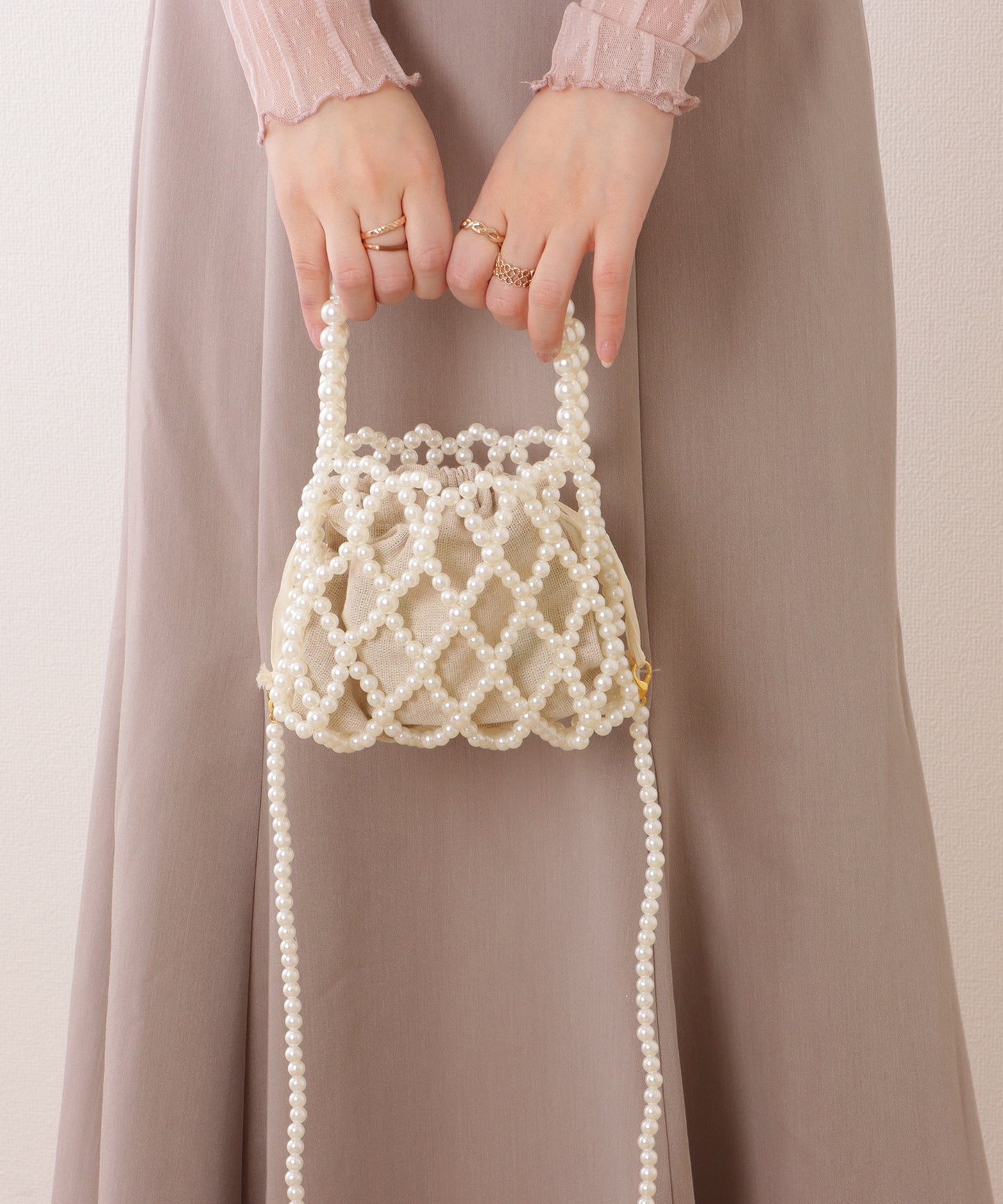 巾着インナー付き 2WAY コンパクト パール バッグ