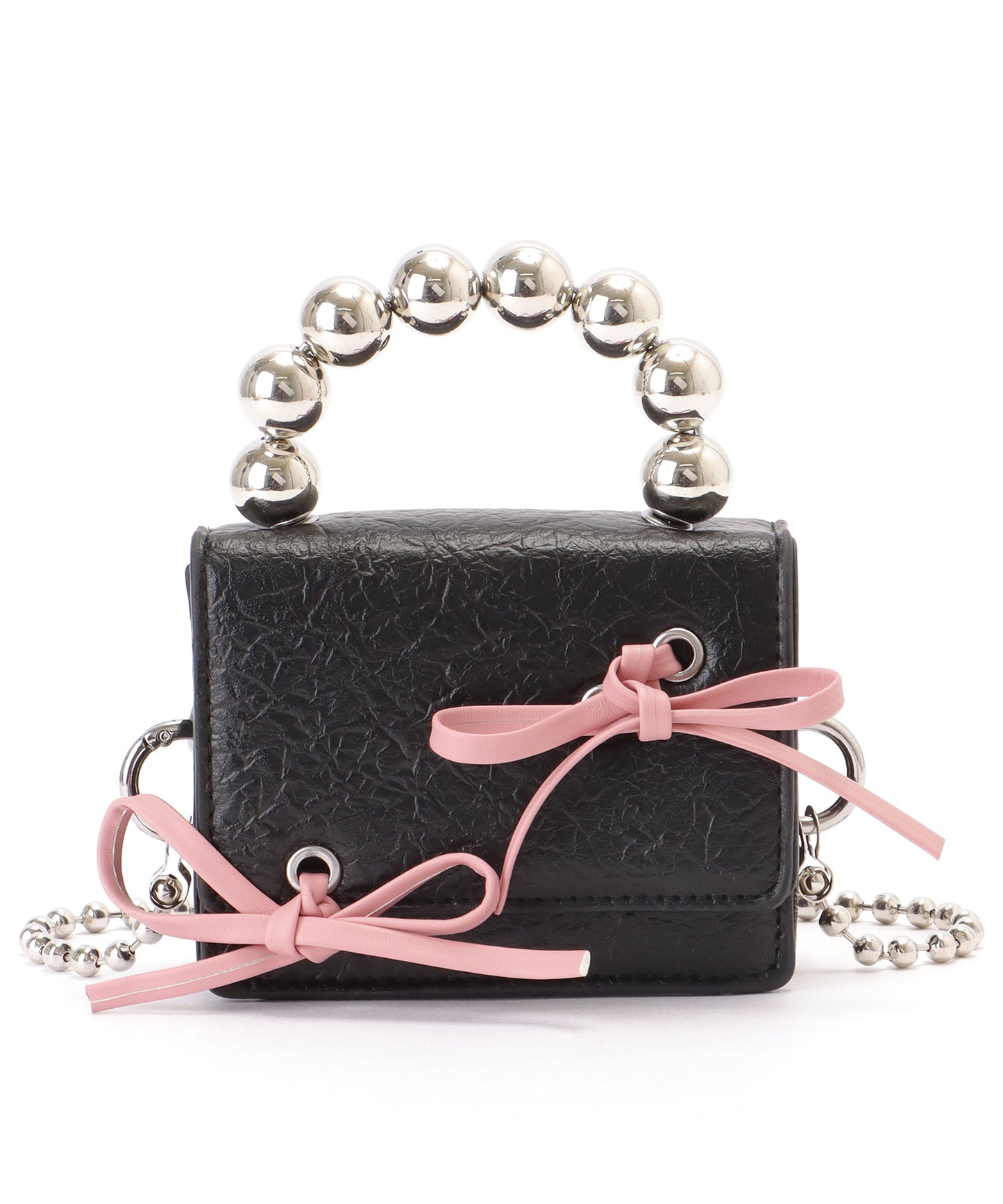 ボールハンドル 配色 リボン コンパクト ショルダー ポーチ