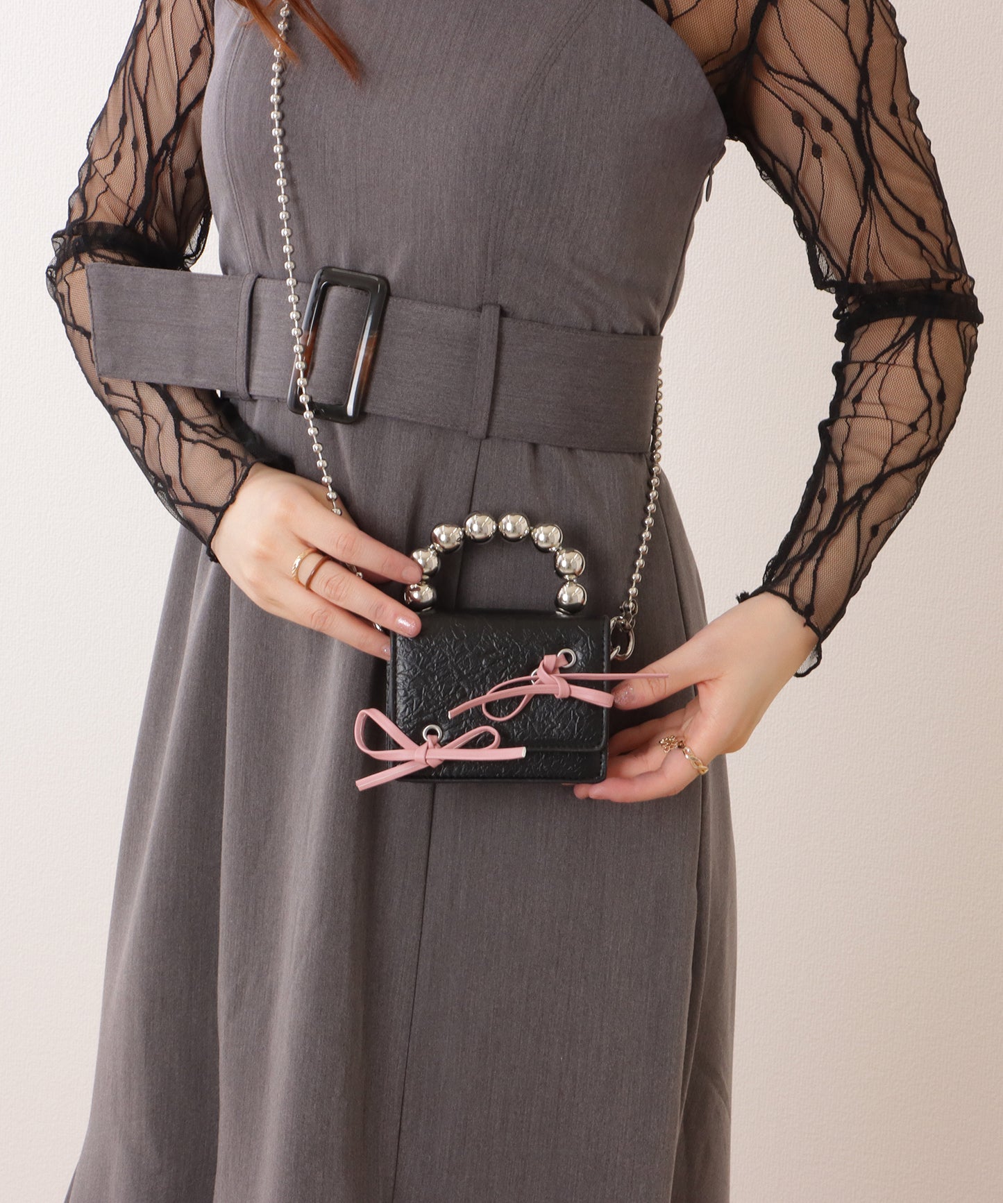 ボールハンドル 配色 リボン コンパクト ショルダー ポーチ