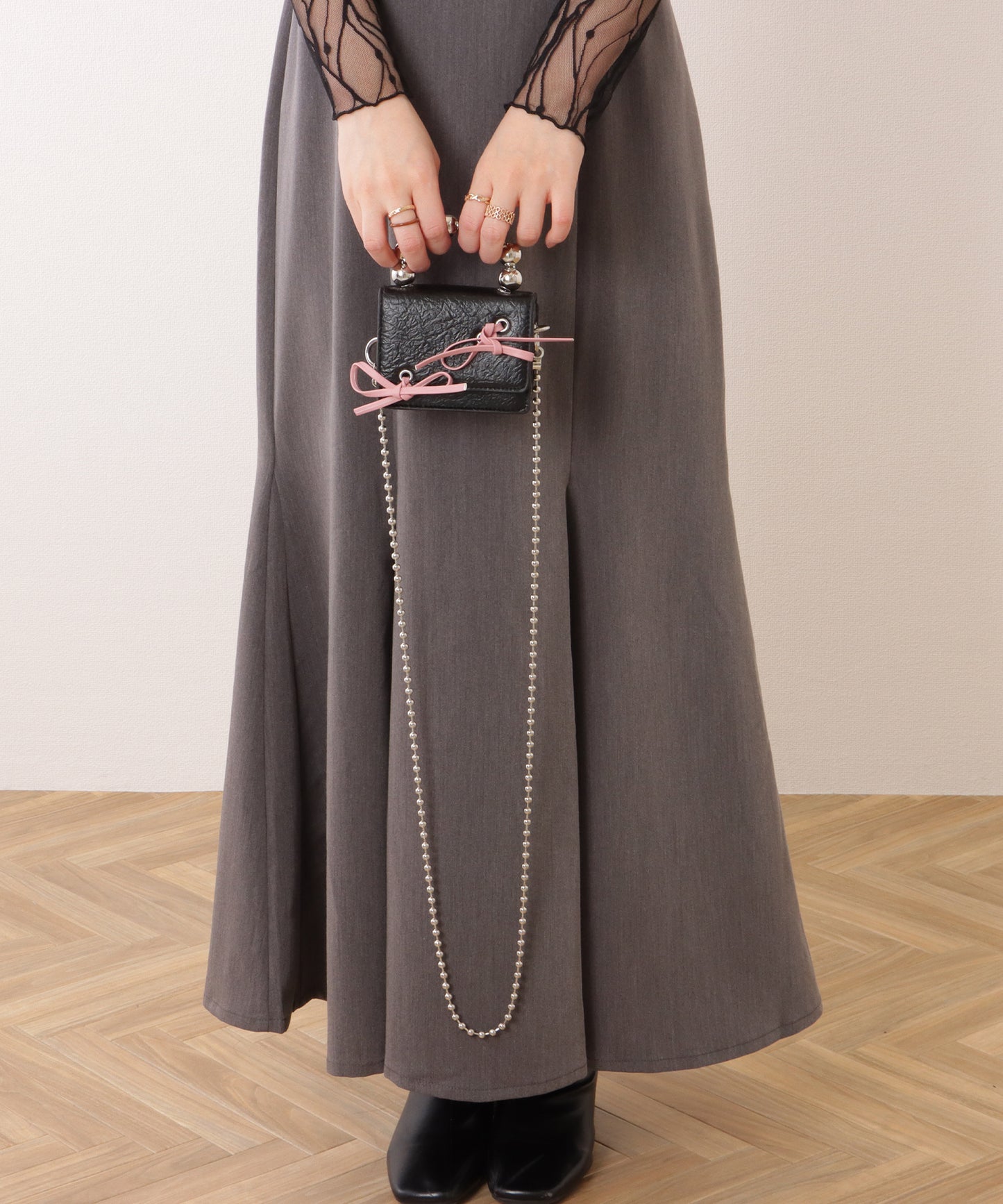 ボールハンドル 配色 リボン コンパクト ショルダー ポーチ