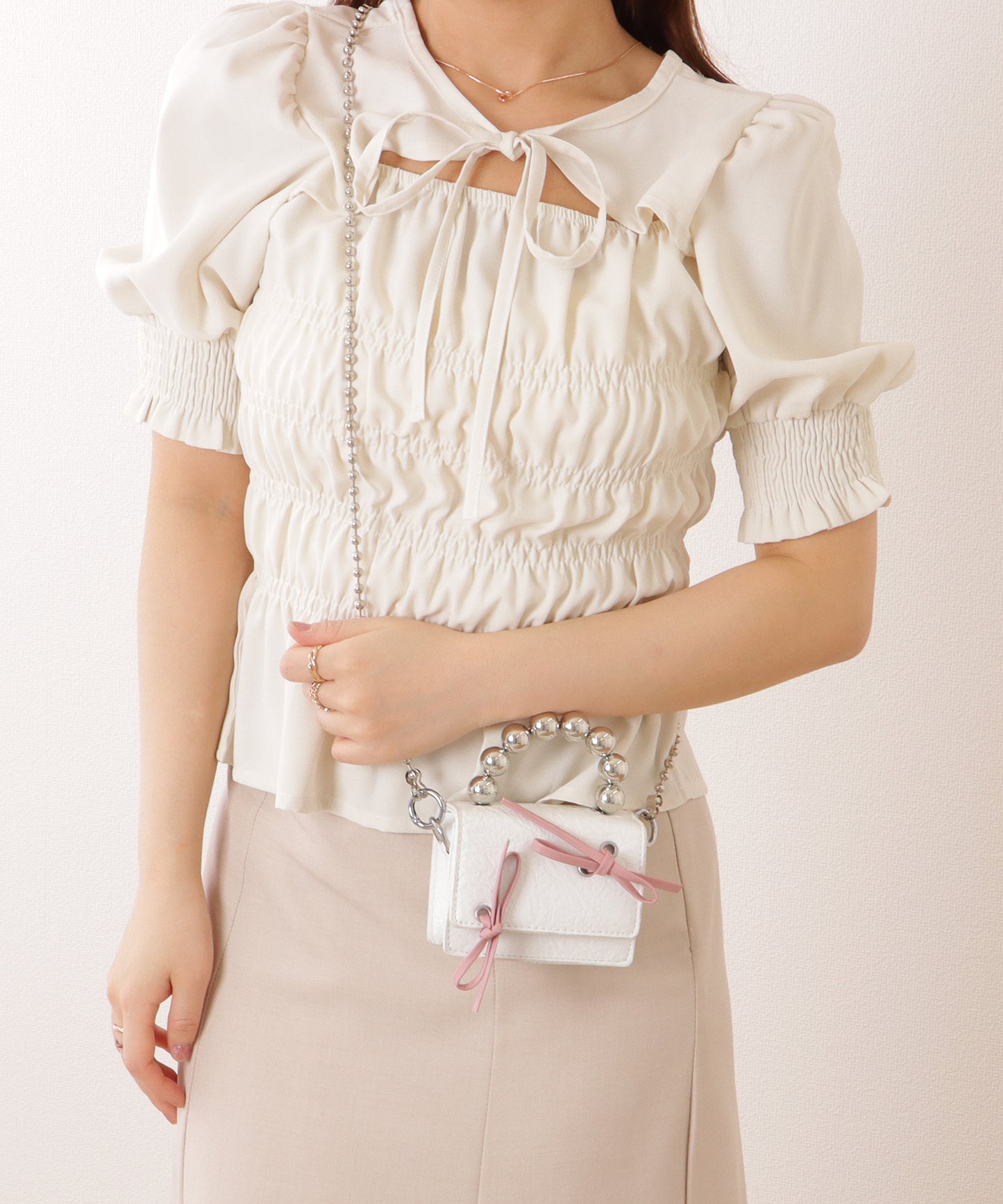 ボールハンドル 配色 リボン コンパクト ショルダー ポーチ