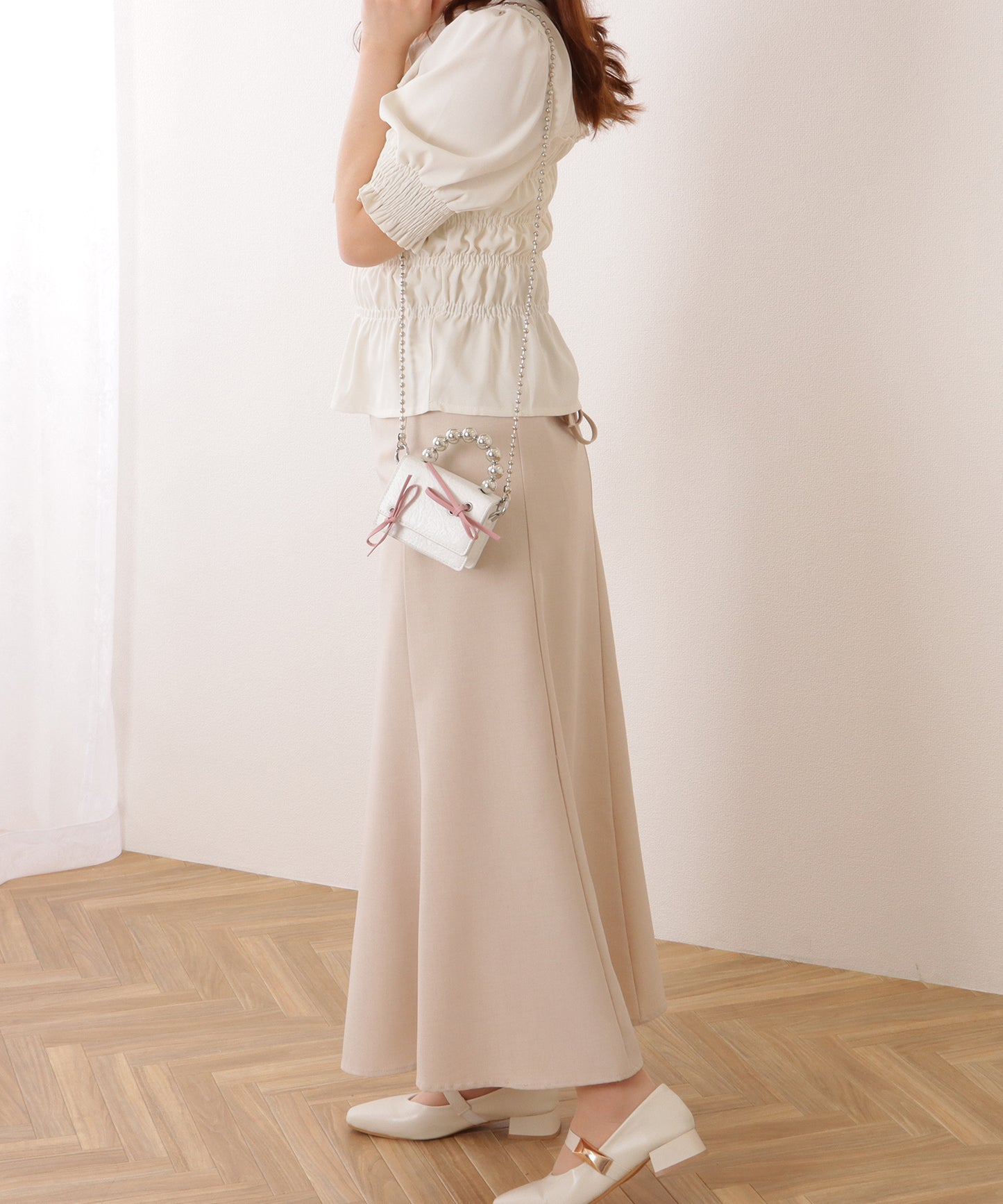 ボールハンドル 配色 リボン コンパクト ショルダー ポーチ