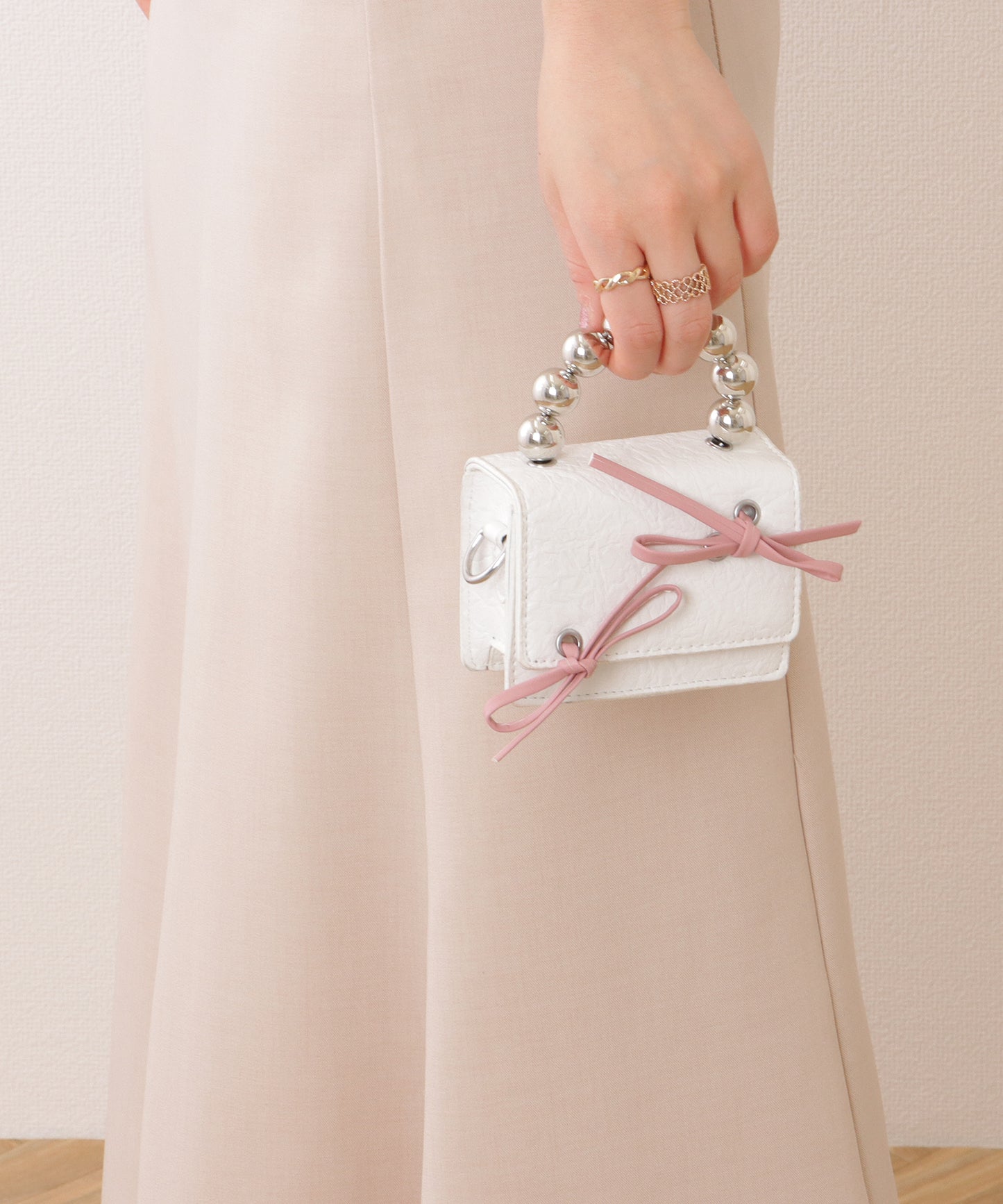 ボールハンドル 配色 リボン コンパクト ショルダー ポーチ