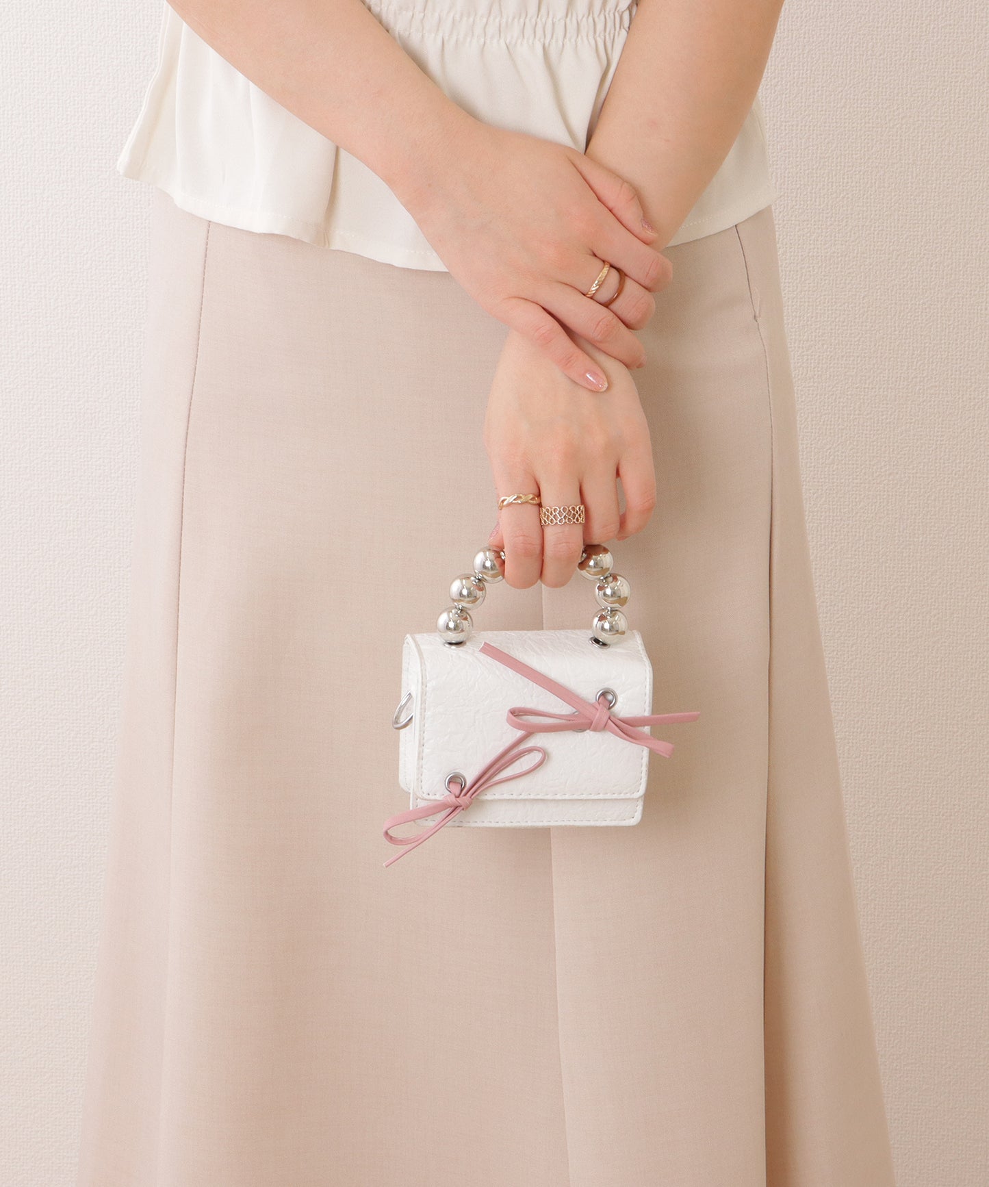 ボールハンドル 配色 リボン コンパクト ショルダー ポーチ