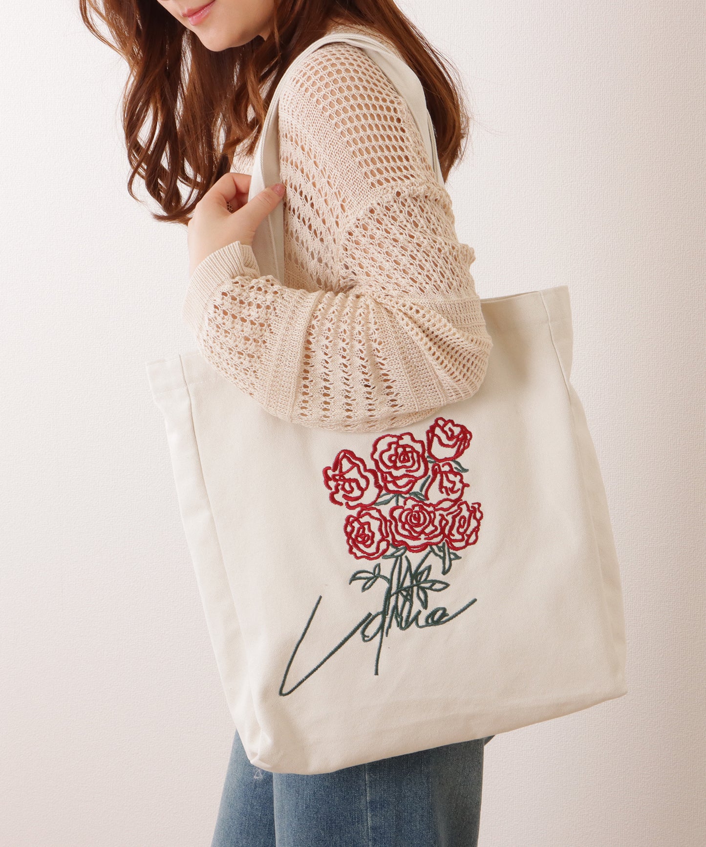 ブーケ 刺繍 大容量 スクエア トート バッグ