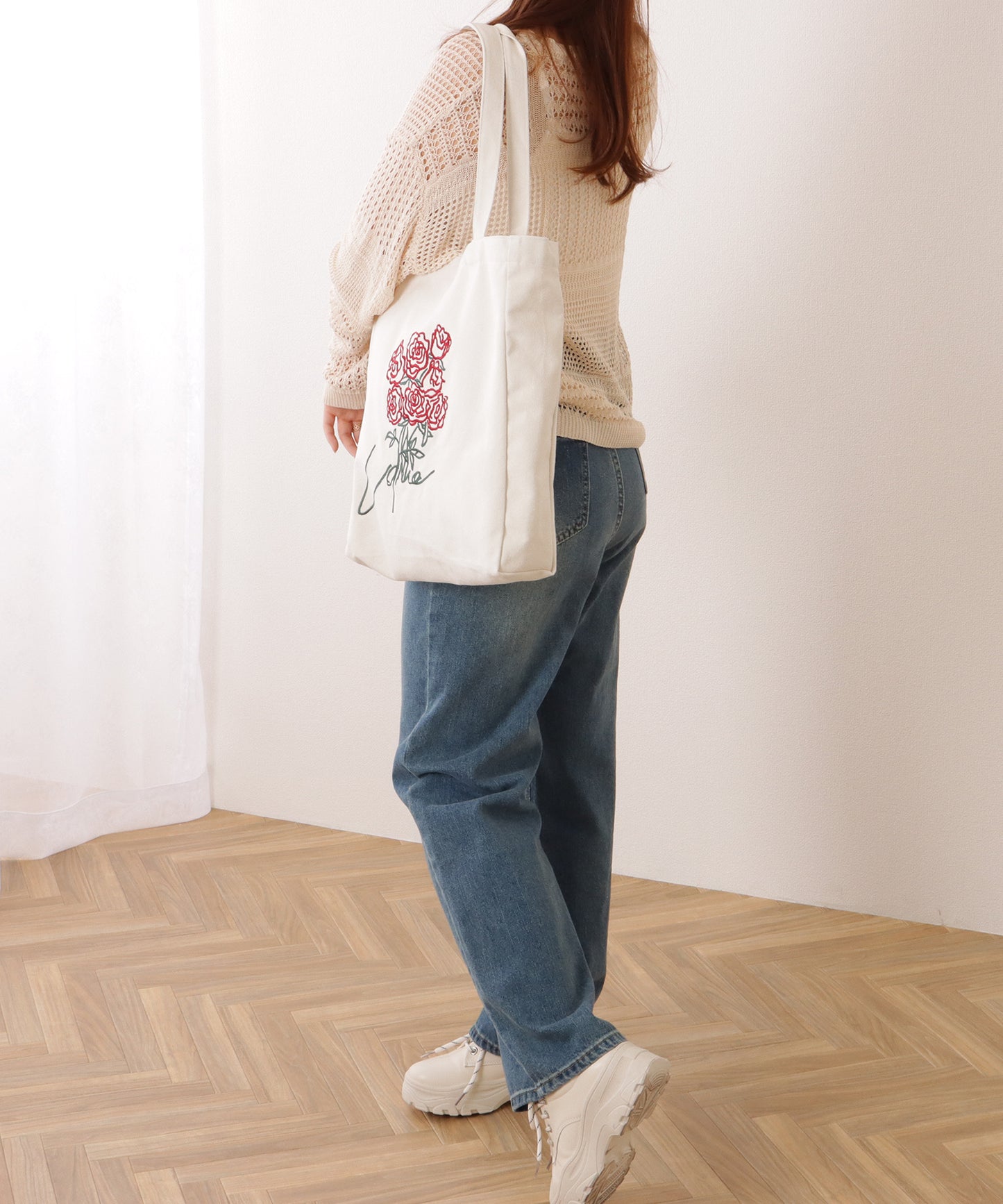 ブーケ 刺繍 大容量 スクエア トート バッグ