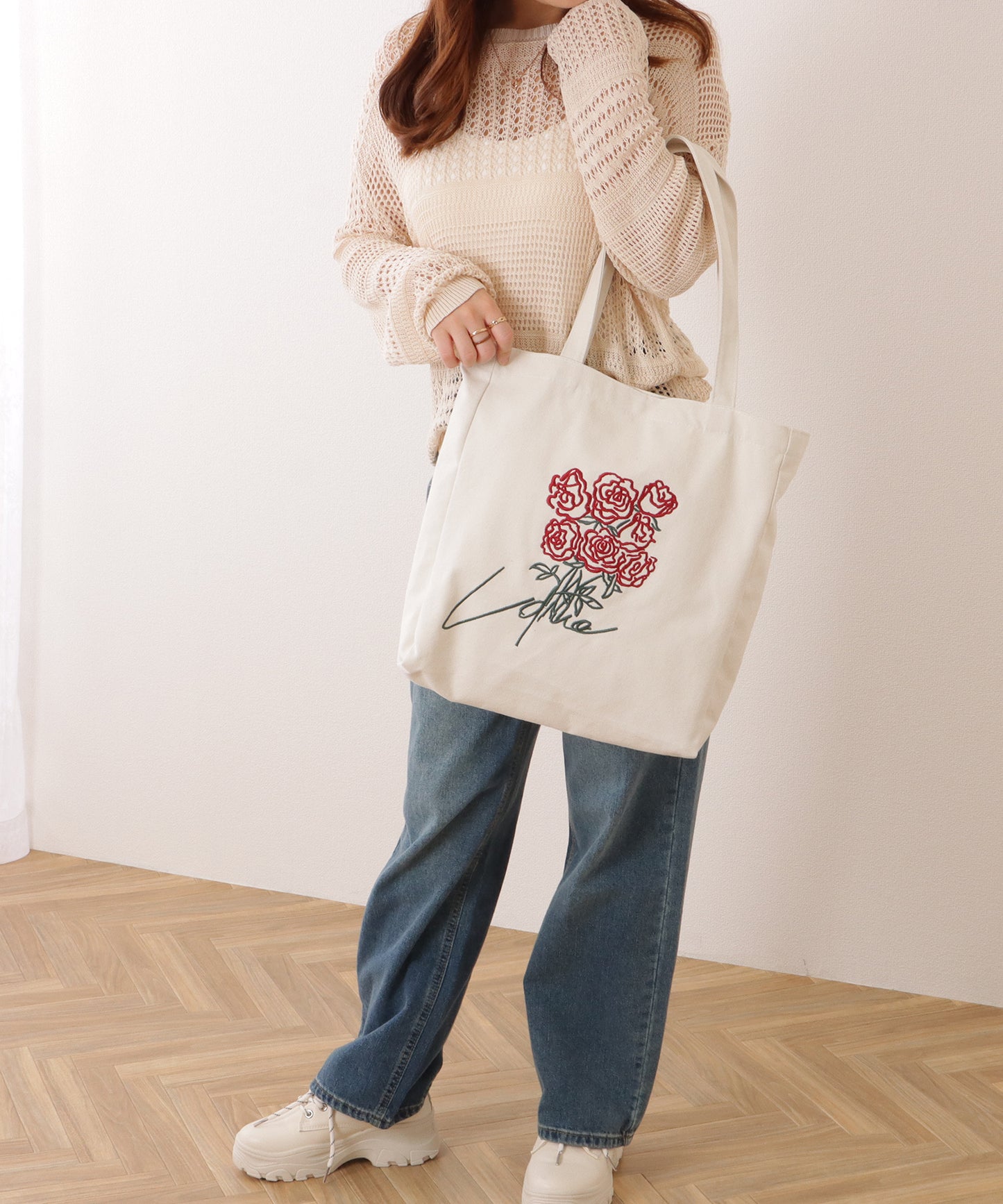 ブーケ 刺繍 大容量 スクエア トート バッグ