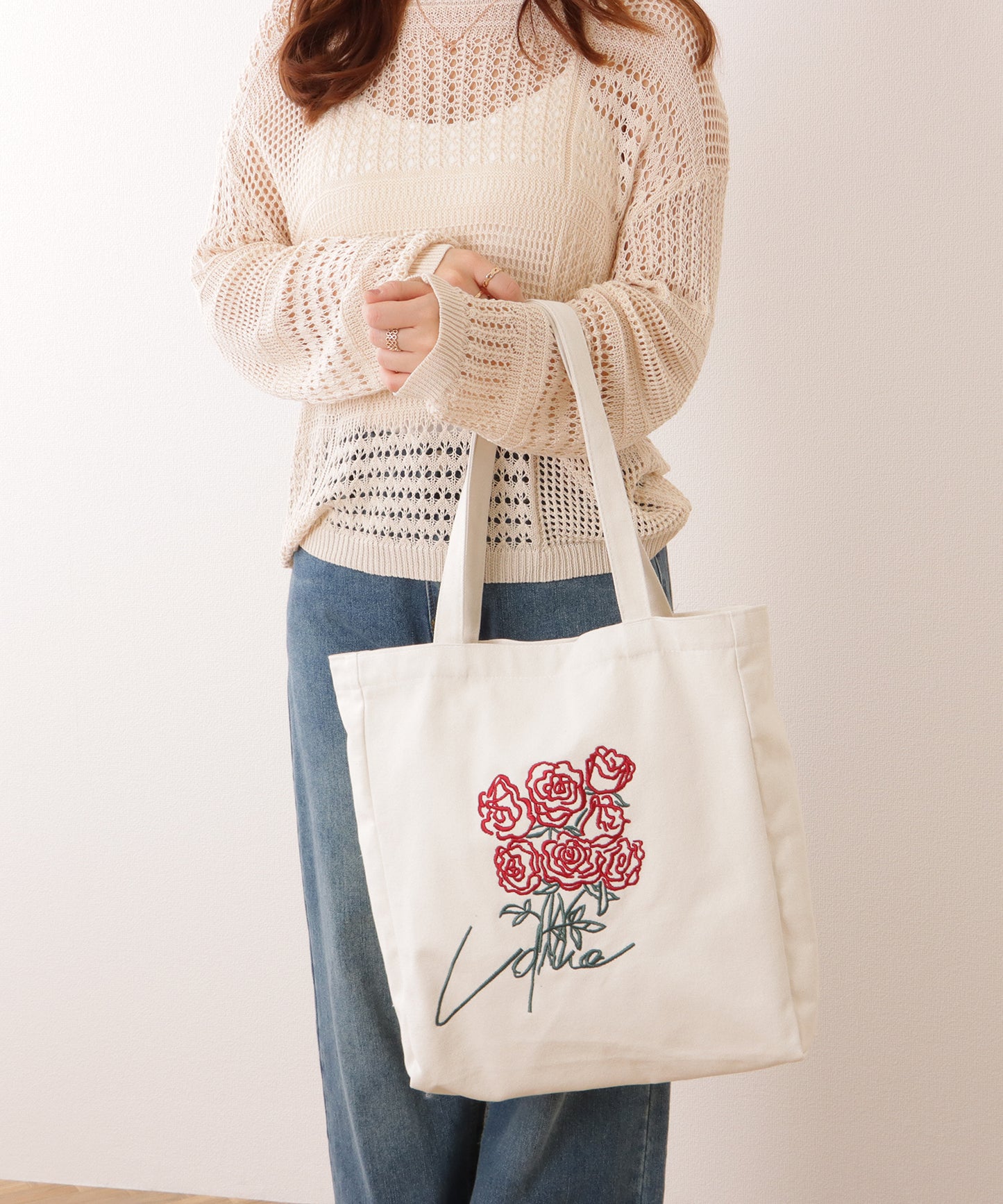 ブーケ 刺繍 大容量 スクエア トート バッグ