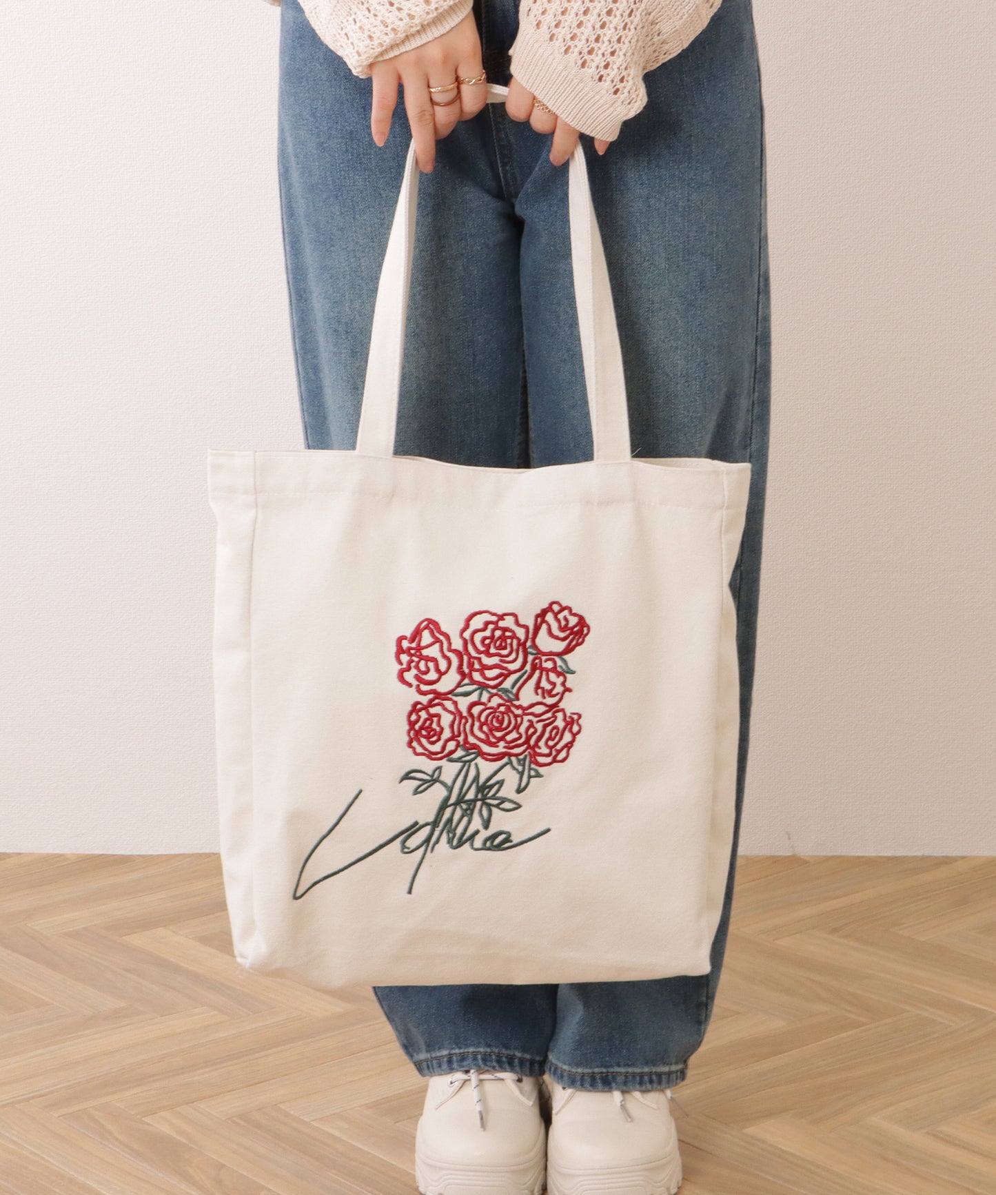 ブーケ 刺繍 大容量 スクエア トート バッグ