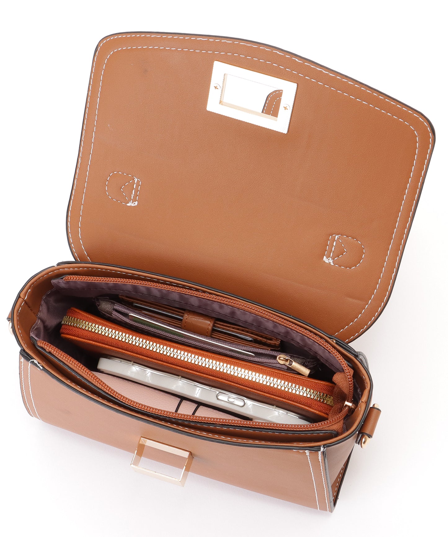 レザー調 コンパクト ステッチ ショルダー バッグ