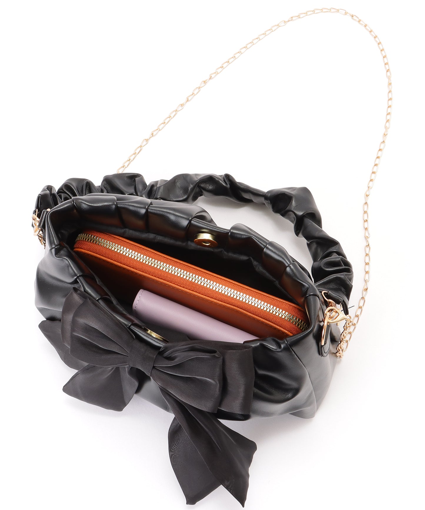 チェーン付き 2WAY ビッグリボン ギャザー ショルダーバッグ