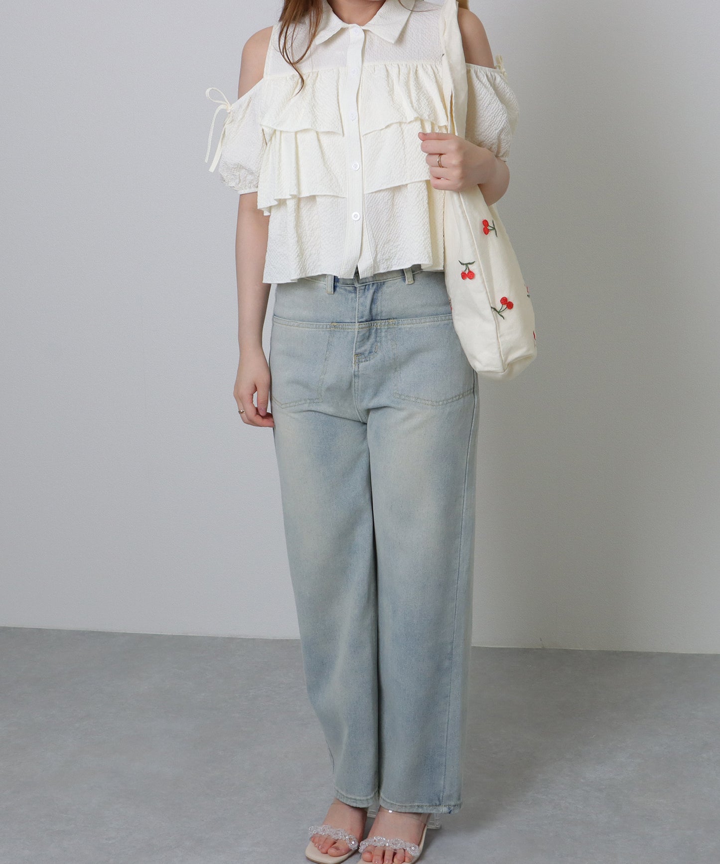 シアー レイヤード 刺繍モチーフ付き ソフト ショルダーバッグ