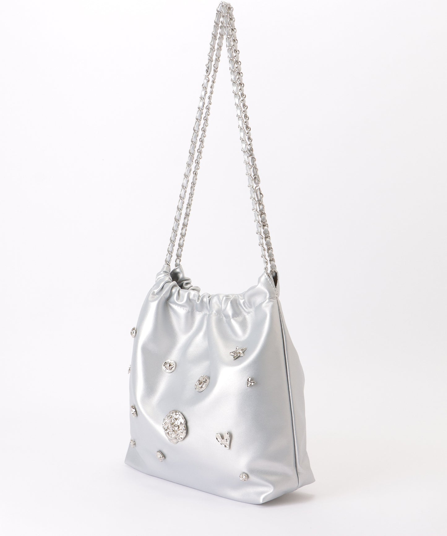 メタリック モチーフ付き 巾着 チェーン ショルダーバッグ