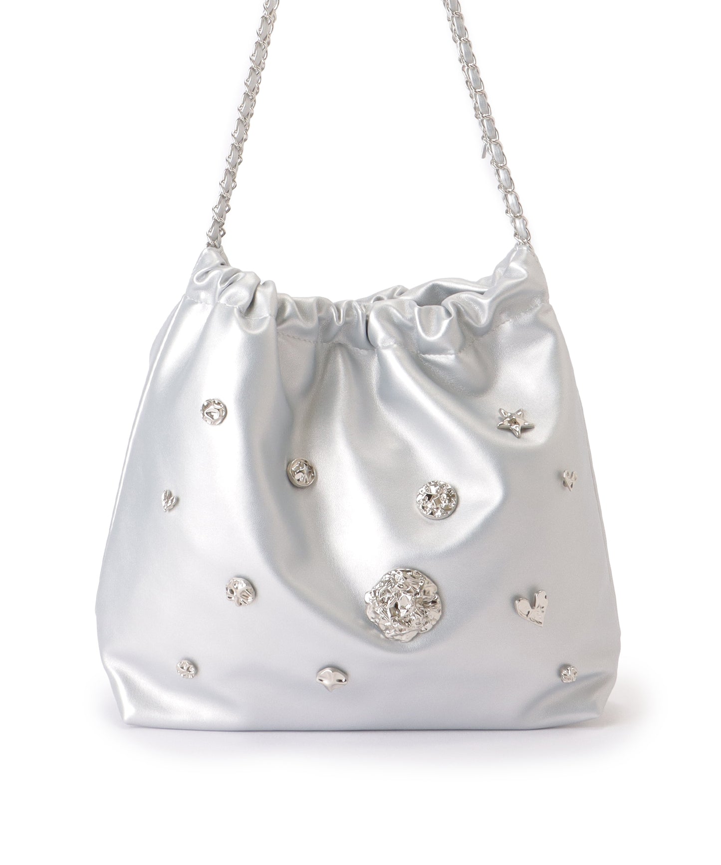 メタリック モチーフ付き 巾着 チェーン ショルダーバッグ