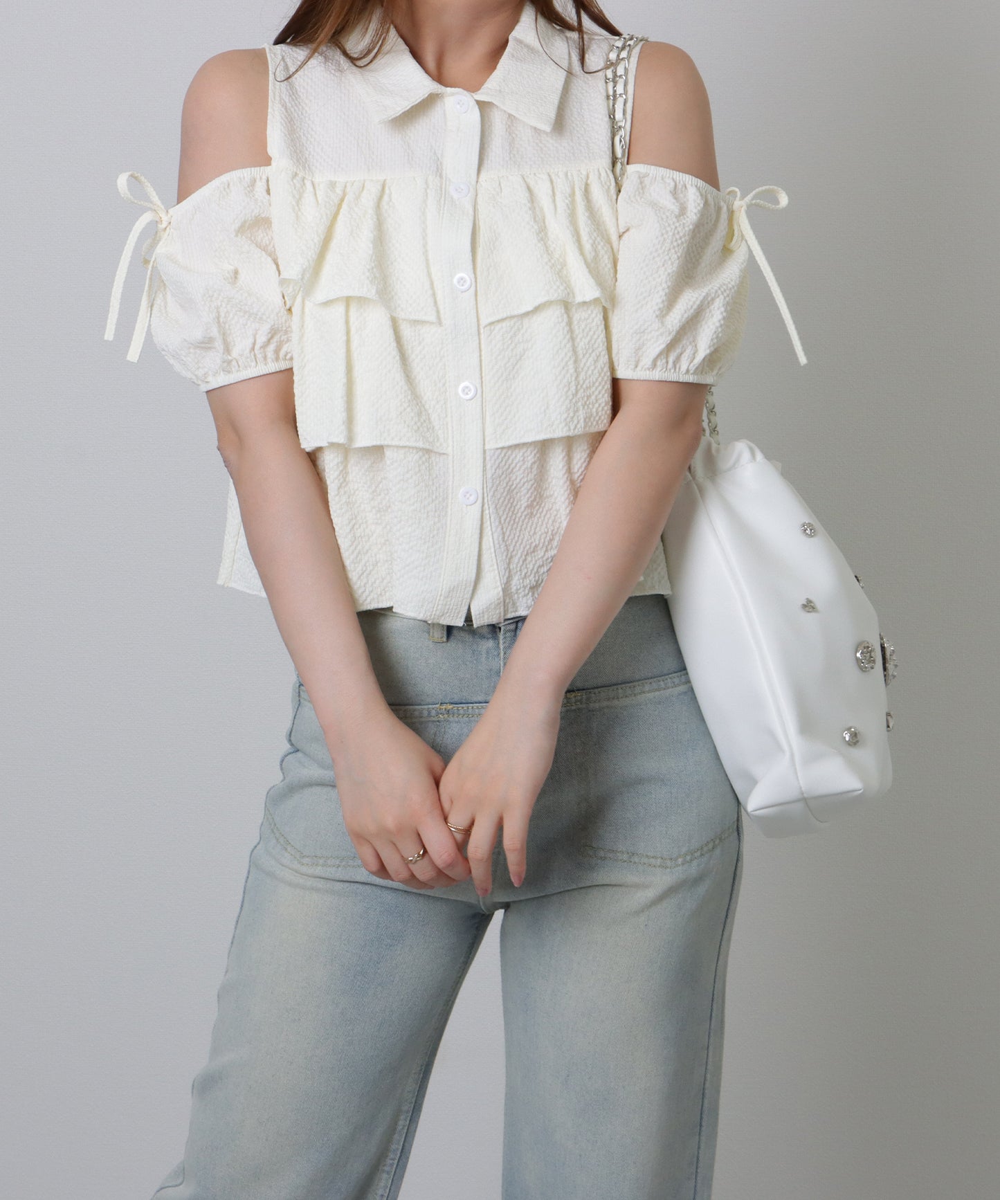 メタリック モチーフ付き 巾着 チェーン ショルダーバッグ