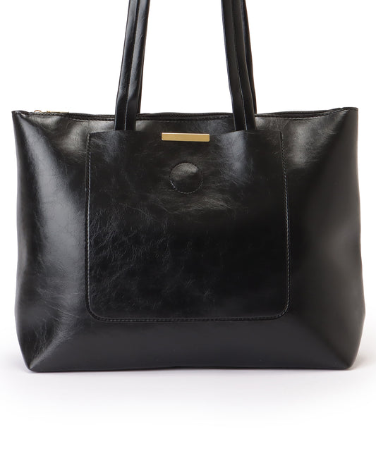 メタリックバー付き レザー調 スクエア ロング トートバッグ