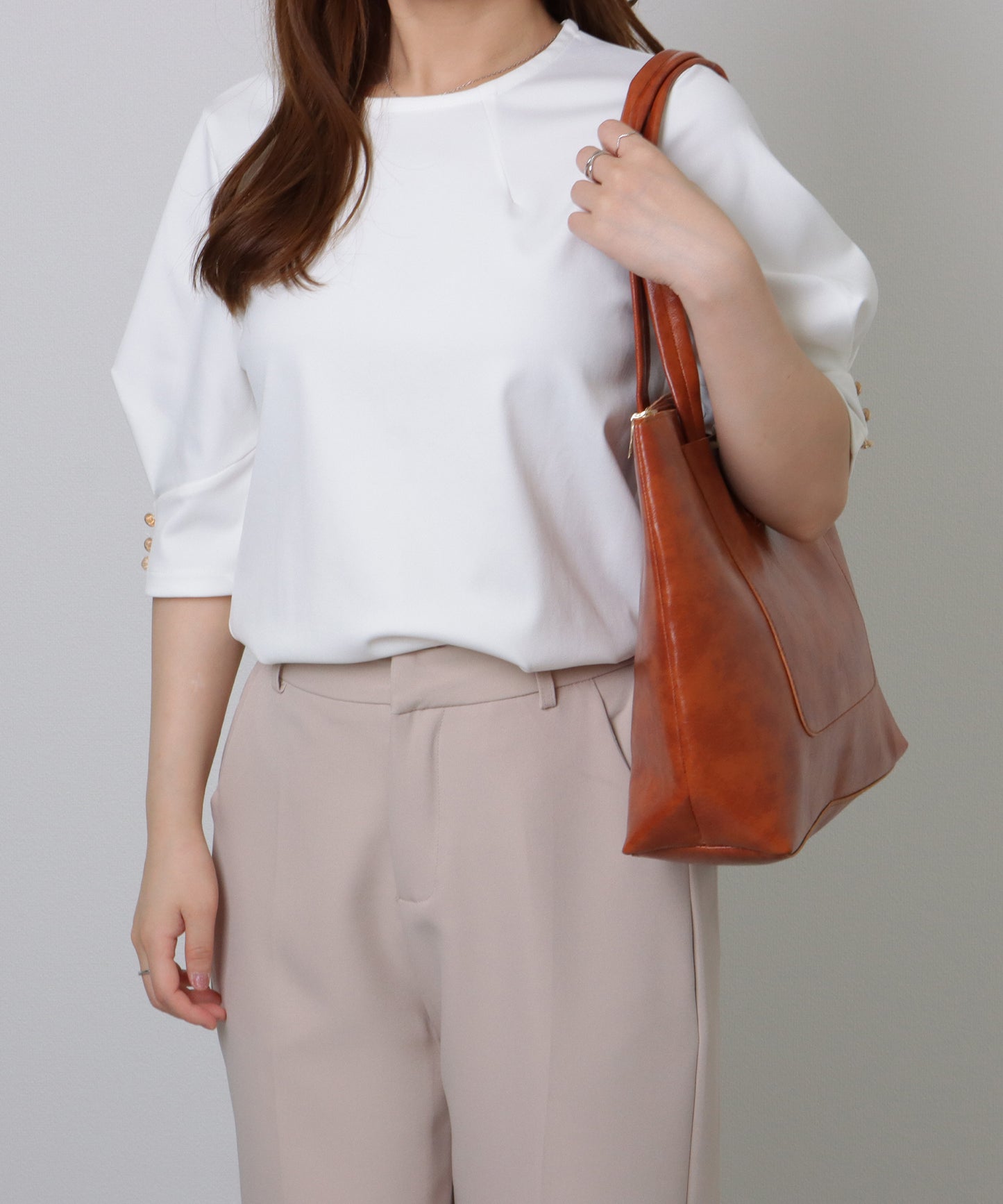 メタリックバー付き レザー調 スクエア ロング トートバッグ