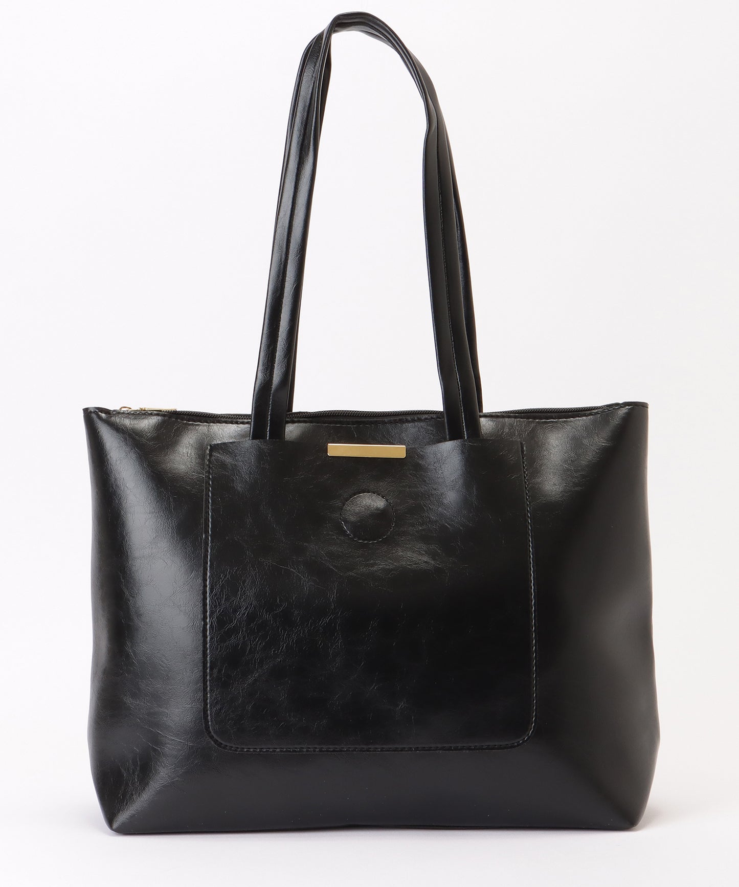 メタリックバー付き レザー調 スクエア ロング トートバッグ