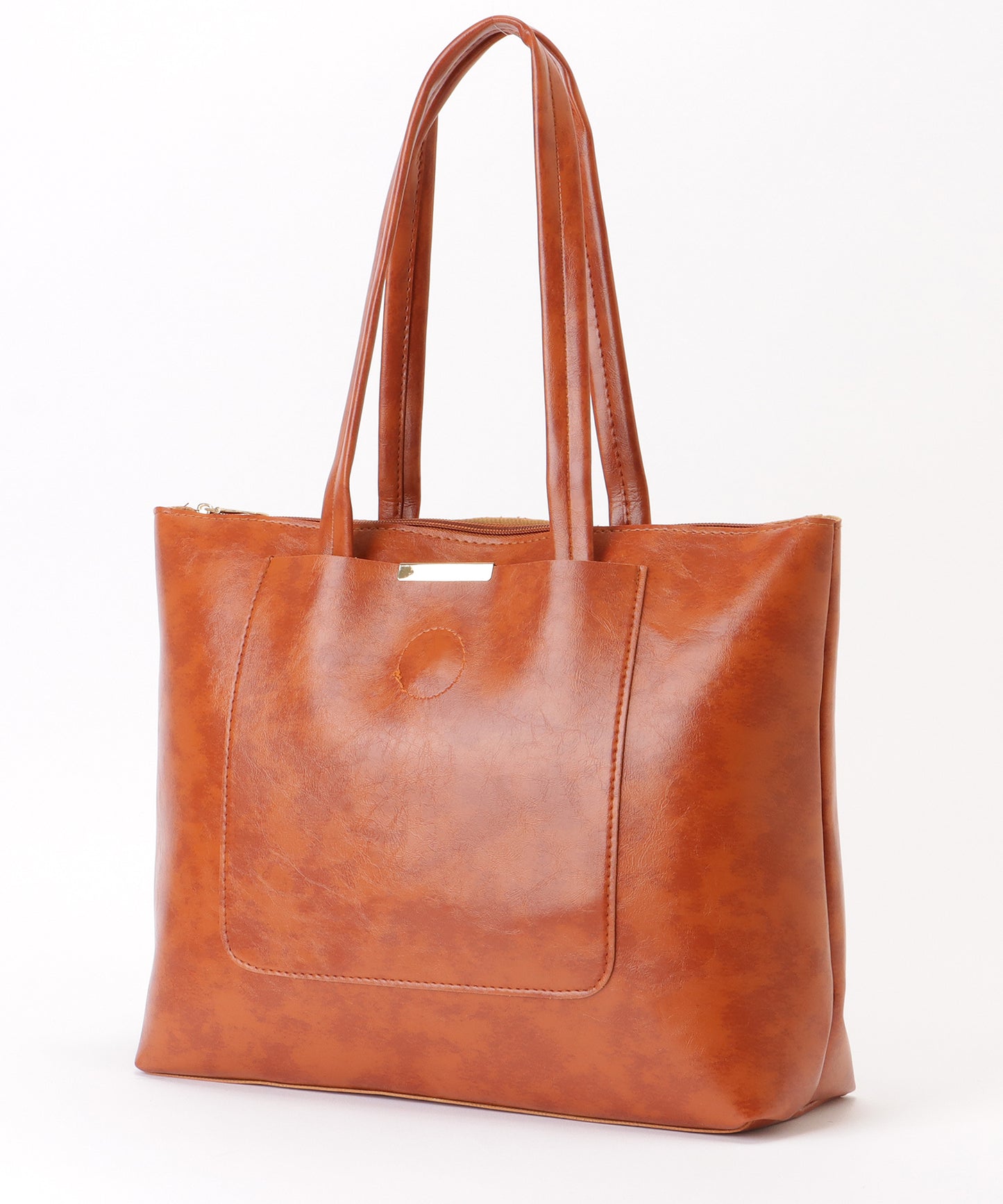 メタリックバー付き レザー調 スクエア ロング トートバッグ