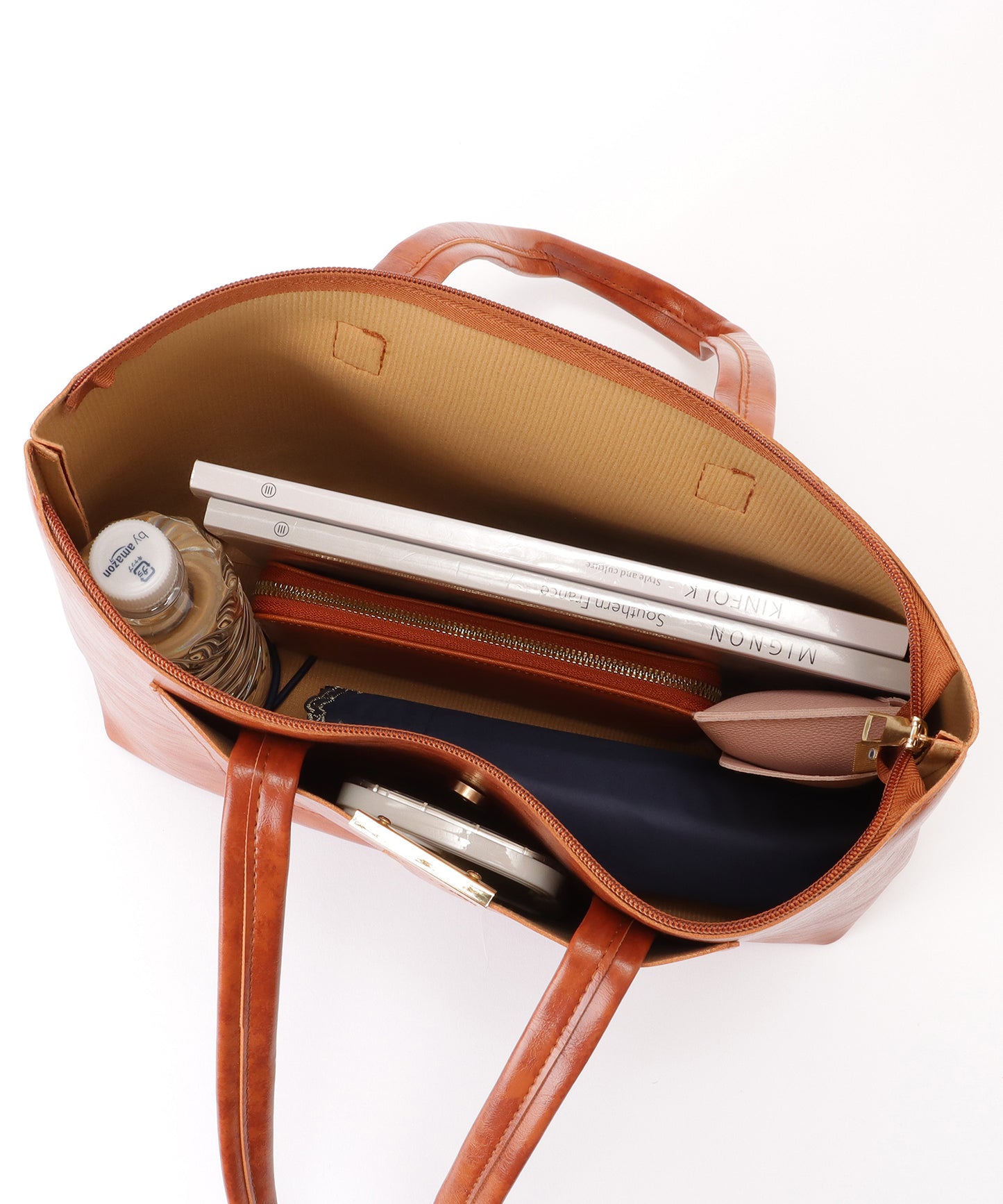 メタリックバー付き レザー調 スクエア ロング トートバッグ