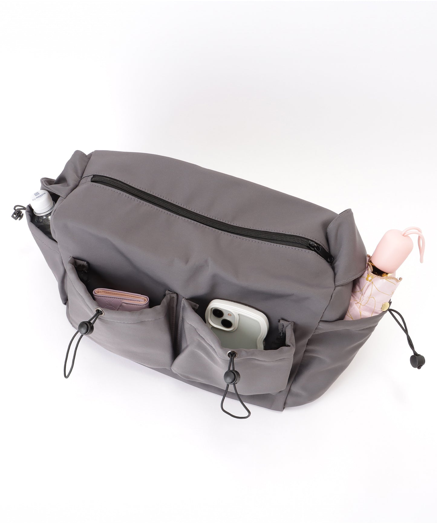 ソリッドカラー ドローコード付き 多ポケット ショルダーバッグ