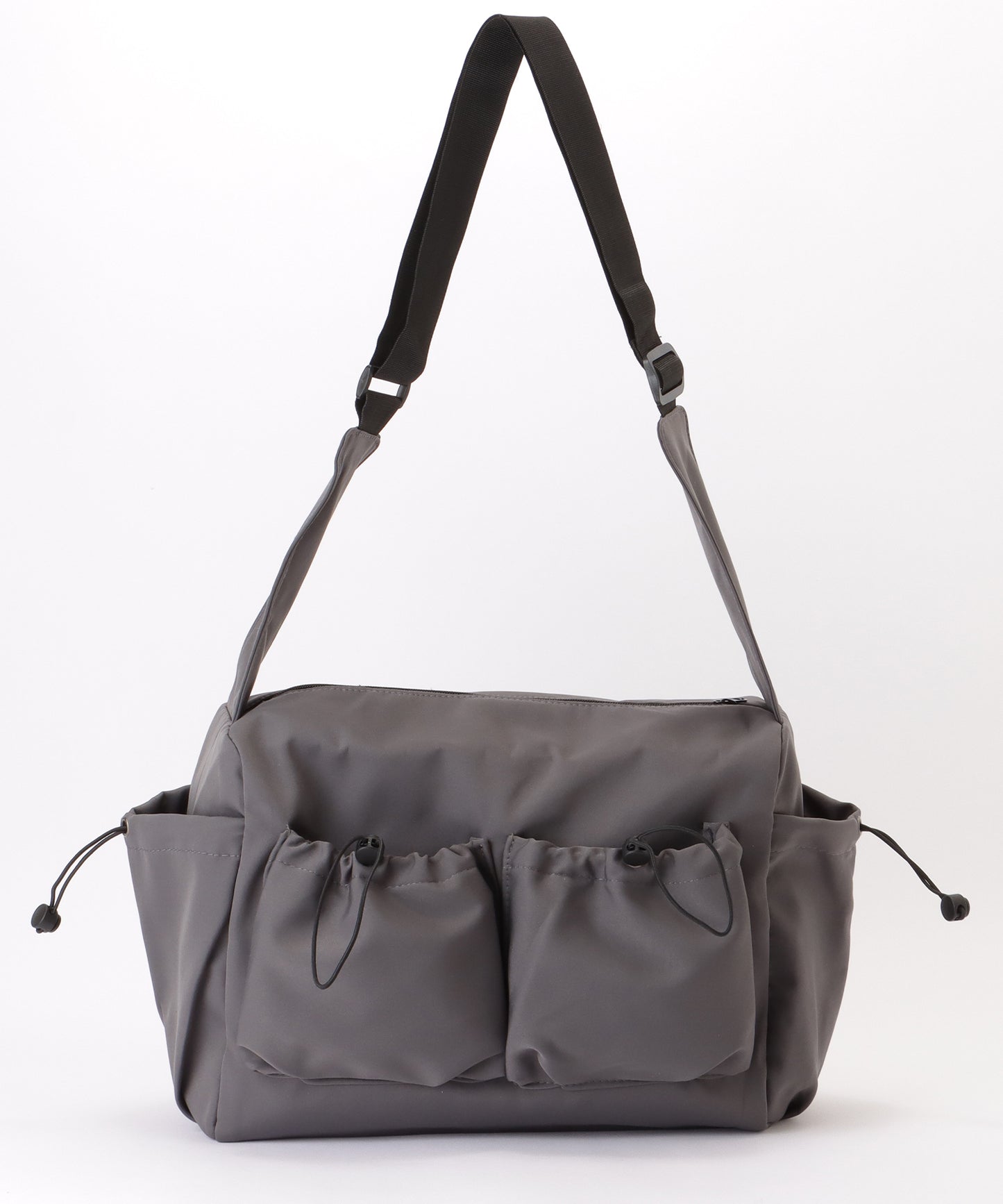 ソリッドカラー ドローコード付き 多ポケット ショルダーバッグ