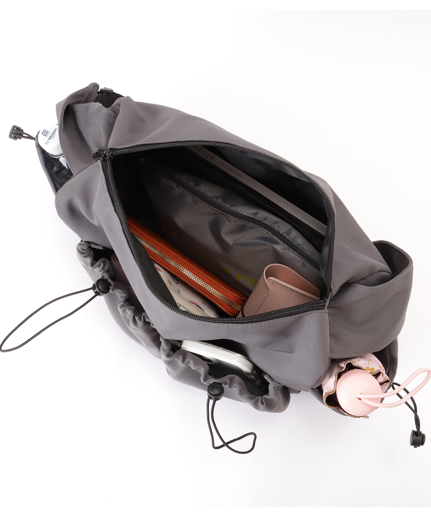 ソリッドカラー ドローコード付き 多ポケット ショルダーバッグ