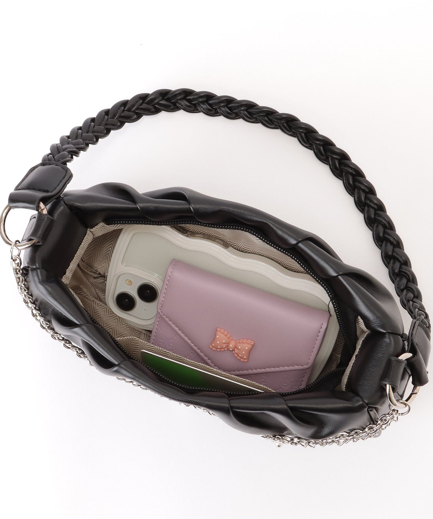 チェーン チャーム付き 編み込み ショルダーバッグ