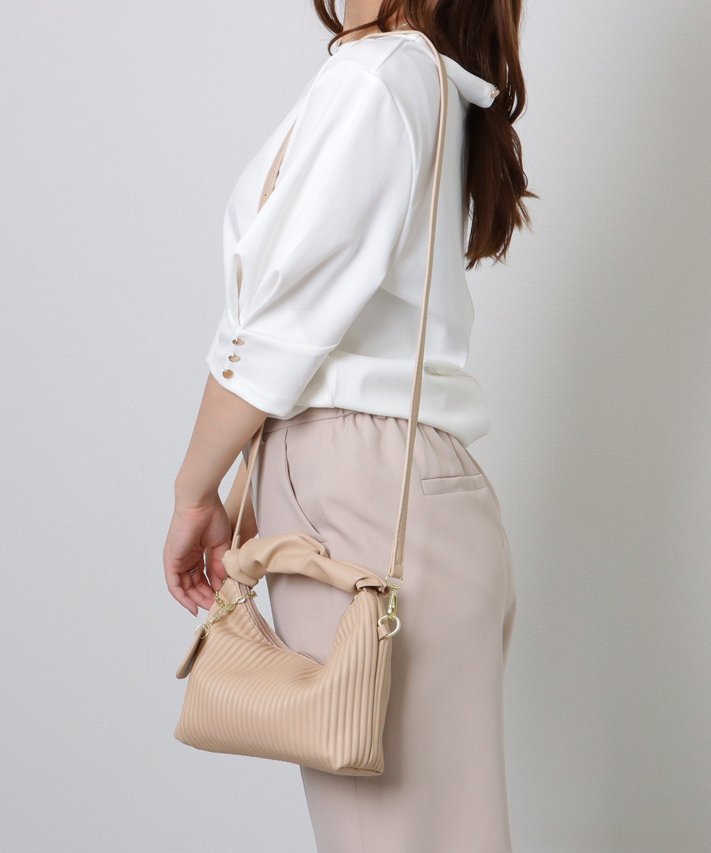 レザー調 ギャザーハンドル ストライプ 2WAY ショルダーバッグ