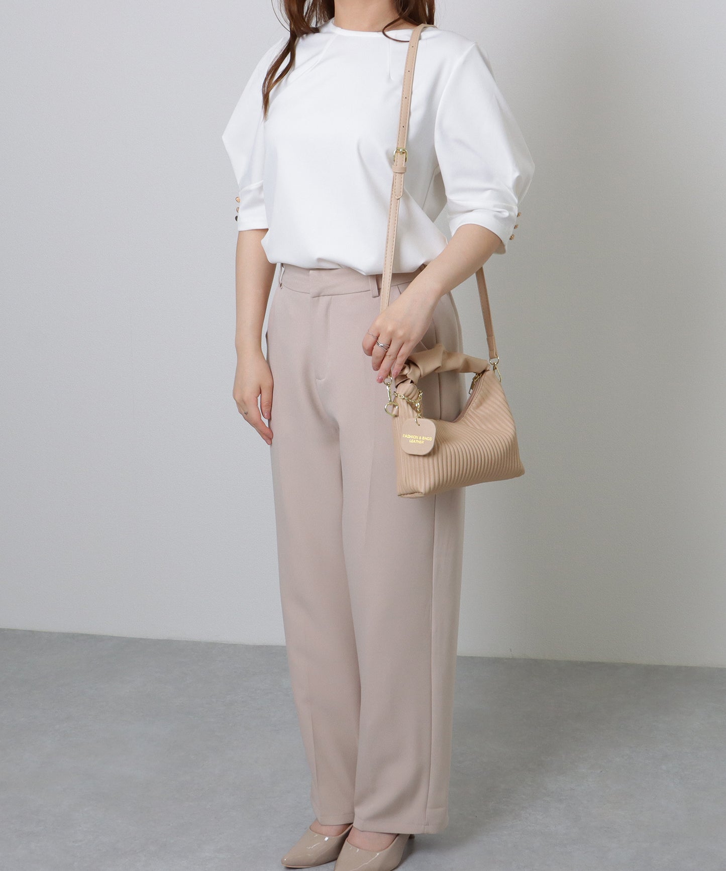 レザー調 ギャザーハンドル ストライプ 2WAY ショルダーバッグ