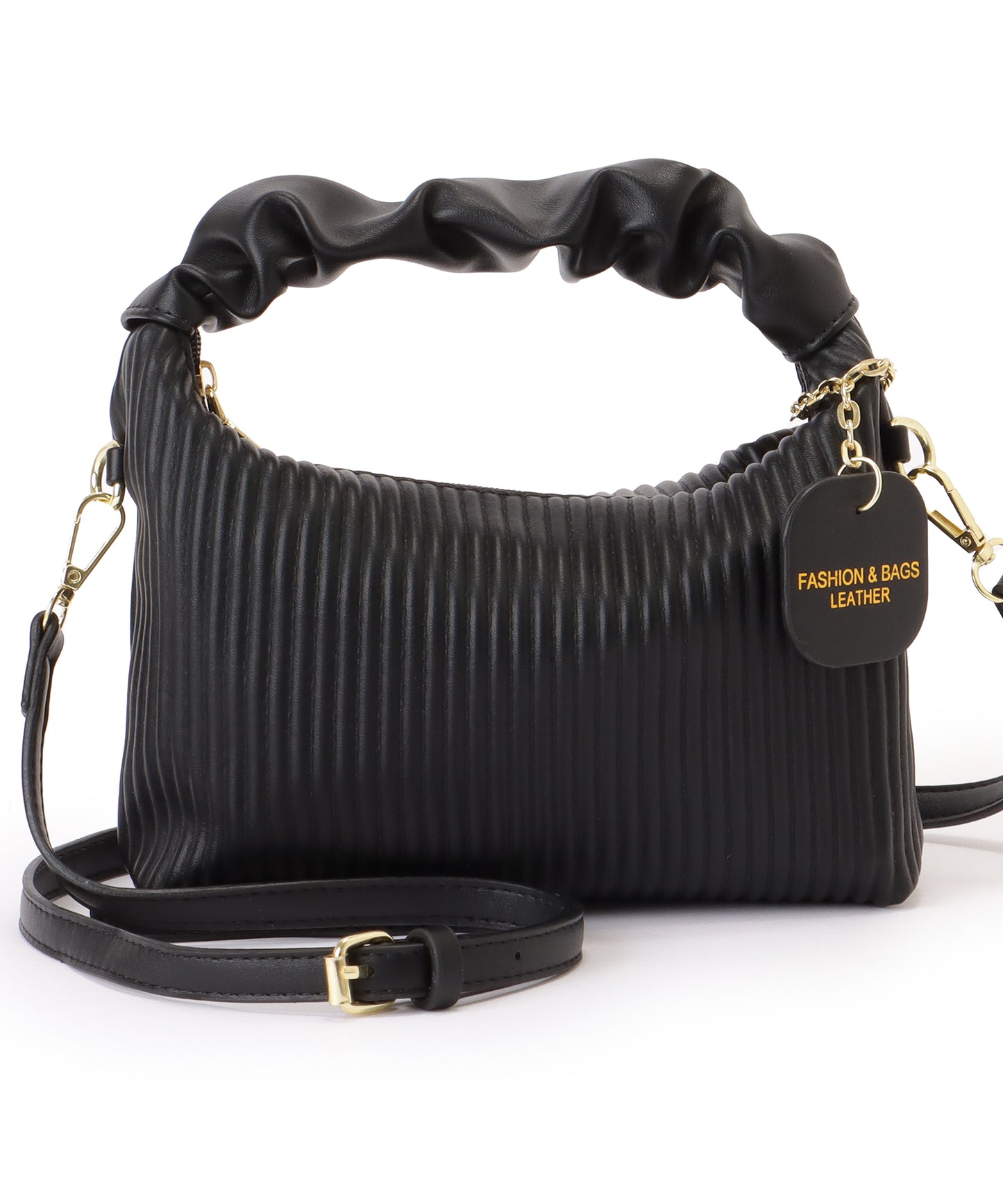 レザー調 ギャザーハンドル ストライプ 2WAY ショルダーバッグ