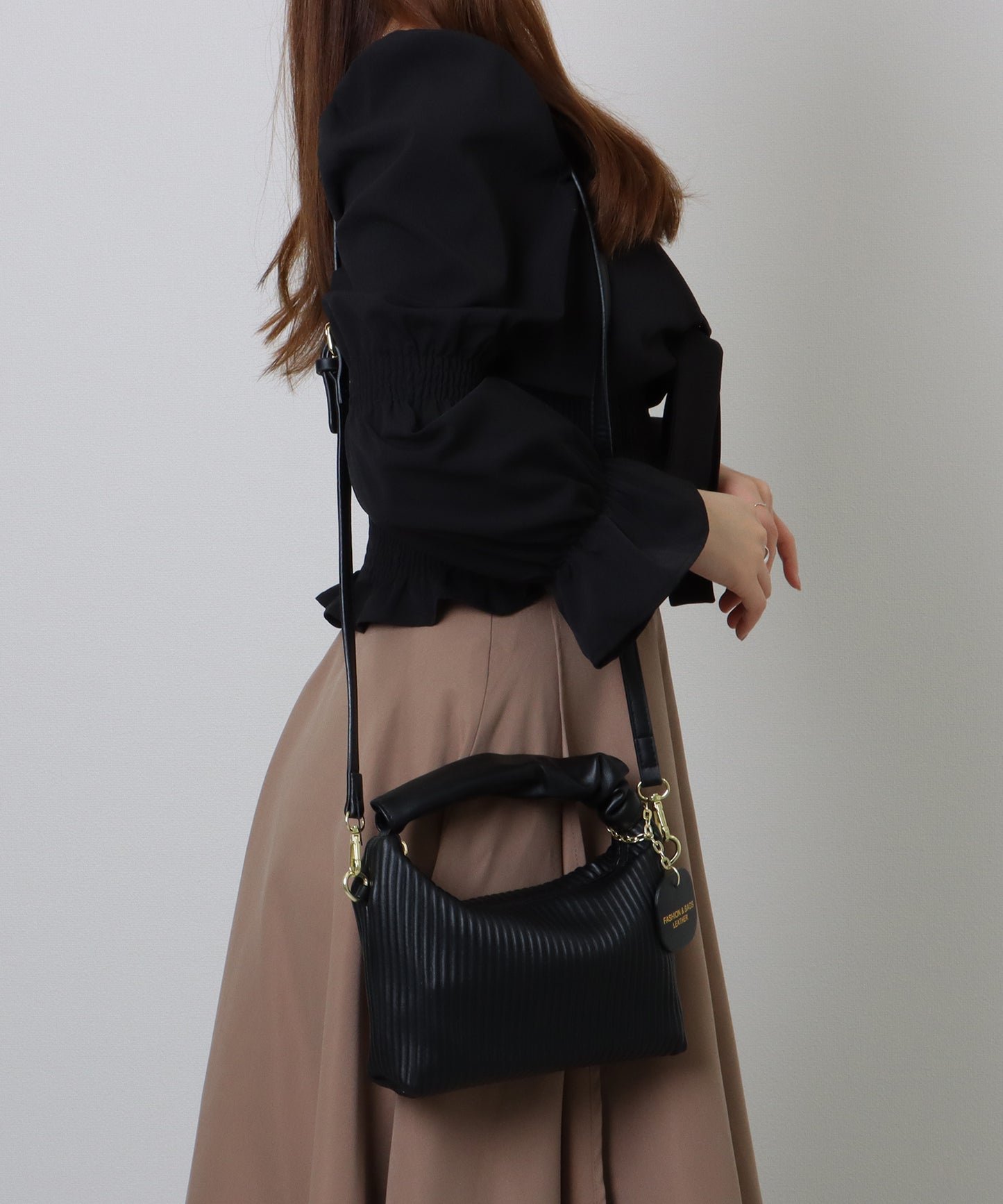 レザー調 ギャザーハンドル ストライプ 2WAY ショルダーバッグ