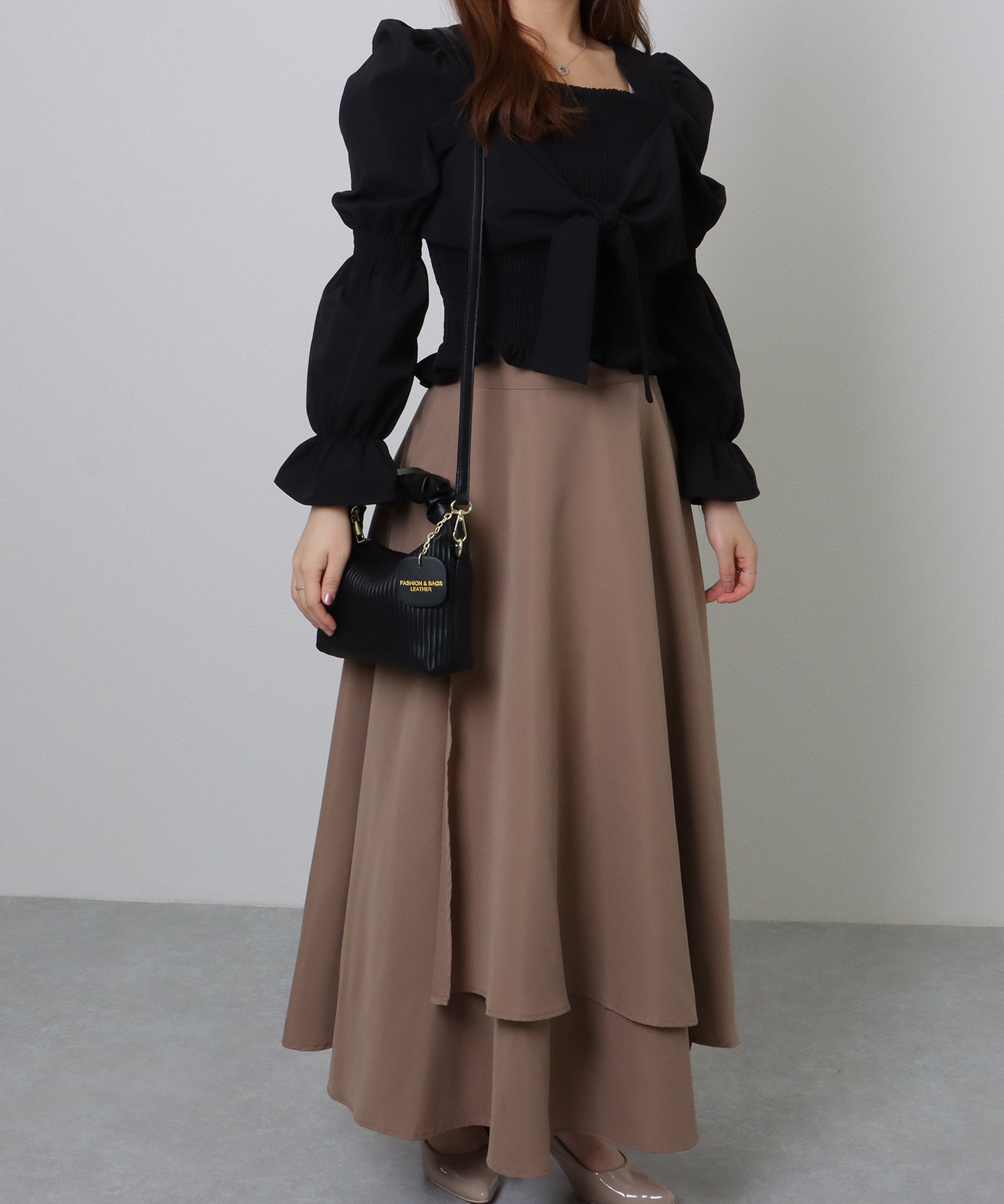 レザー調 ギャザーハンドル ストライプ 2WAY ショルダーバッグ