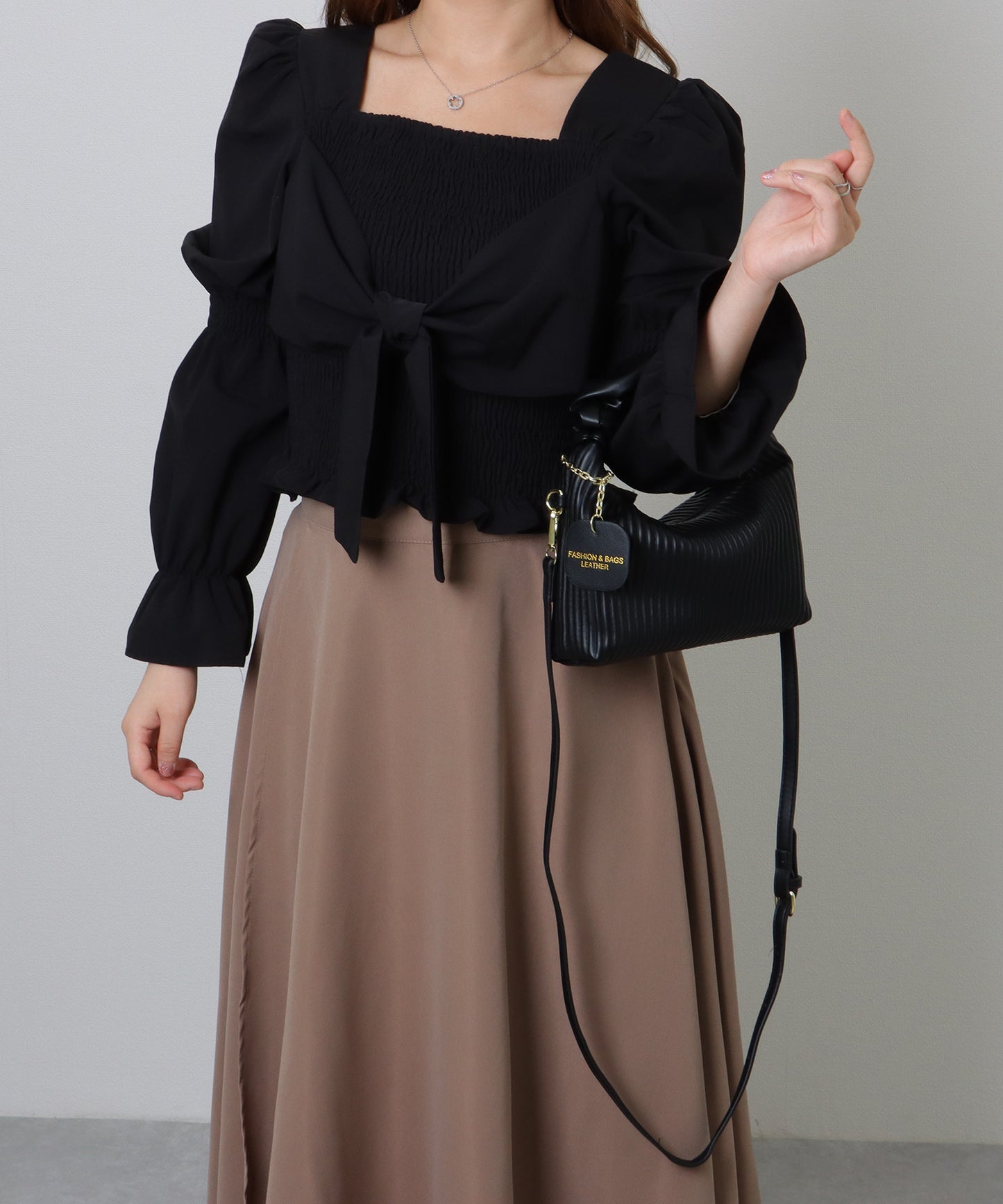 レザー調 ギャザーハンドル ストライプ 2WAY ショルダーバッグ