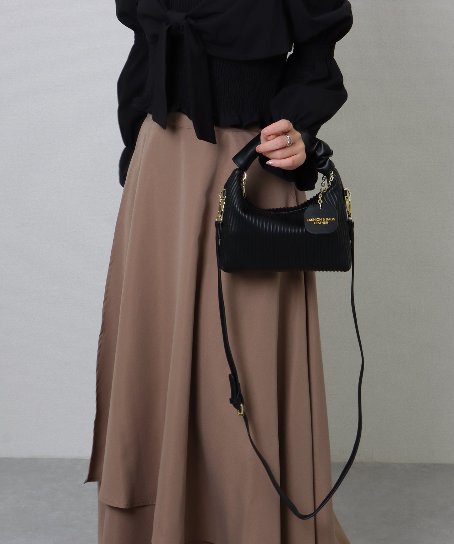 レザー調 ギャザーハンドル ストライプ 2WAY ショルダーバッグ