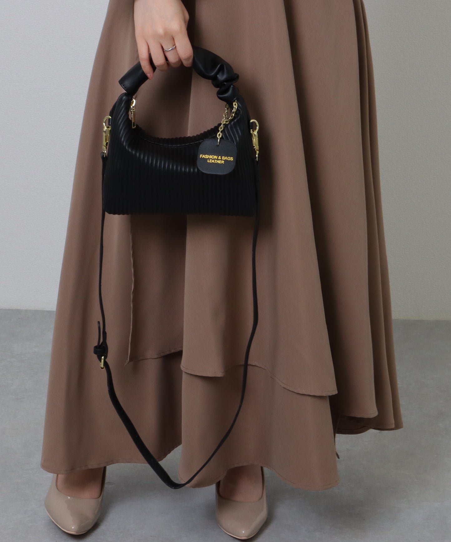 レザー調 ギャザーハンドル ストライプ 2WAY ショルダーバッグ