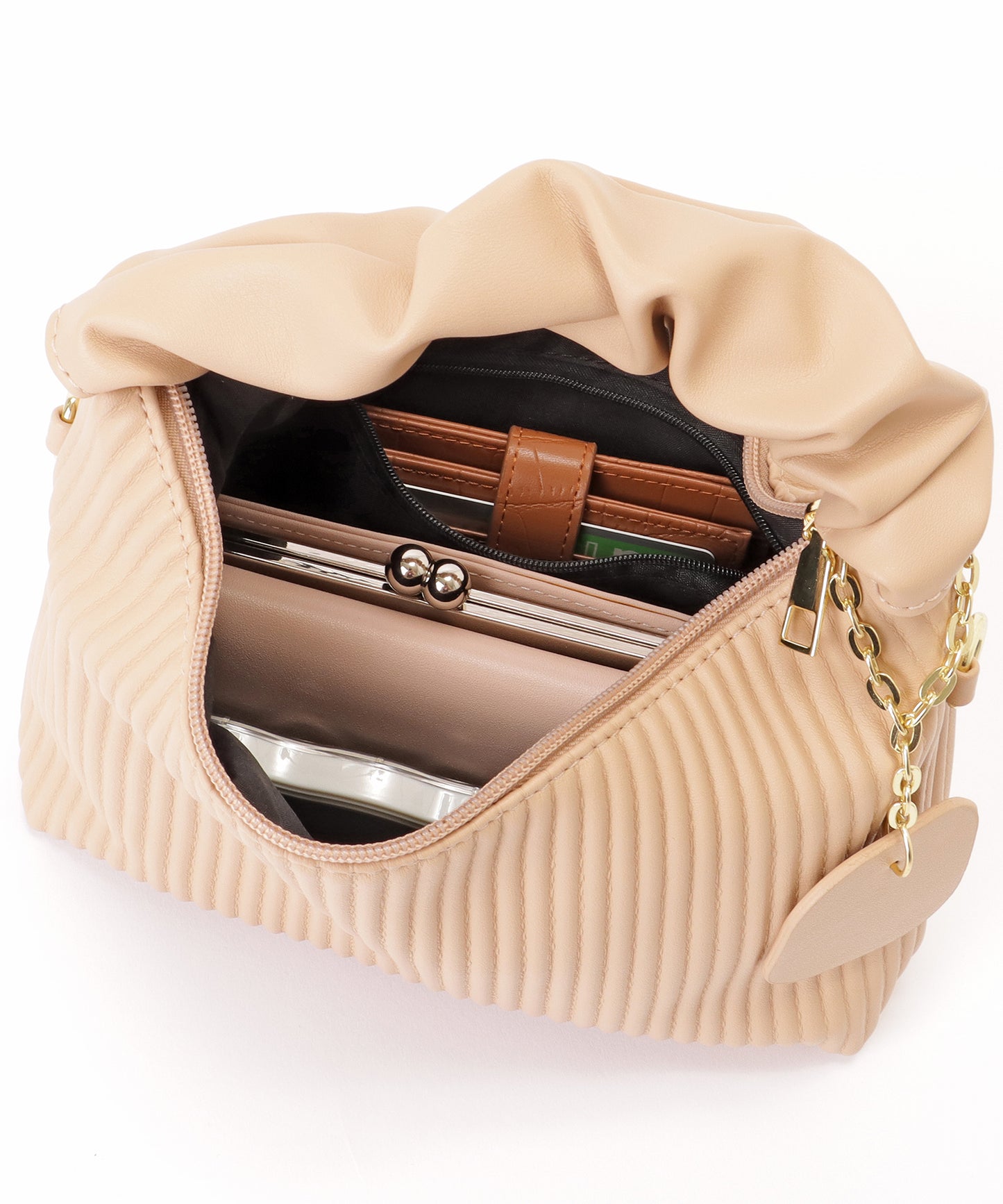 レザー調 ギャザーハンドル ストライプ 2WAY ショルダーバッグ