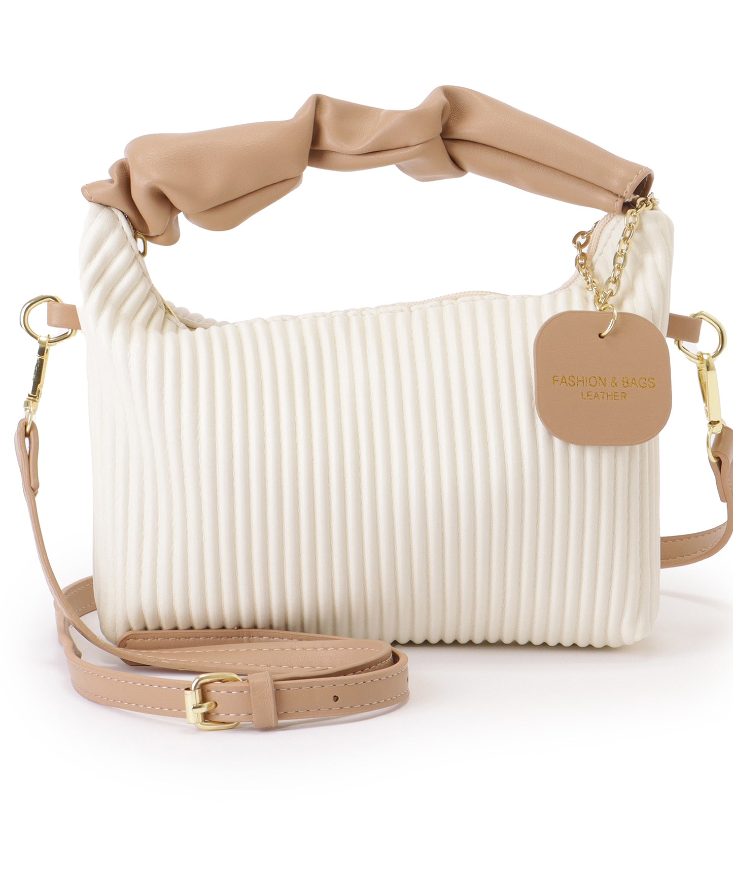 レザー調 ギャザーハンドル ストライプ 2WAY ショルダーバッグ