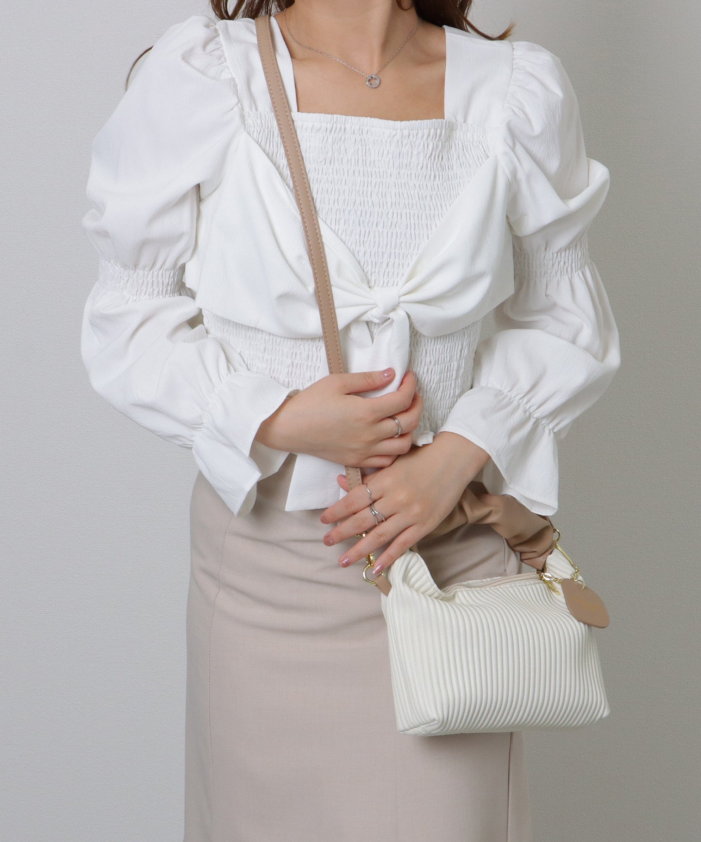 レザー調 ギャザーハンドル ストライプ 2WAY ショルダーバッグ