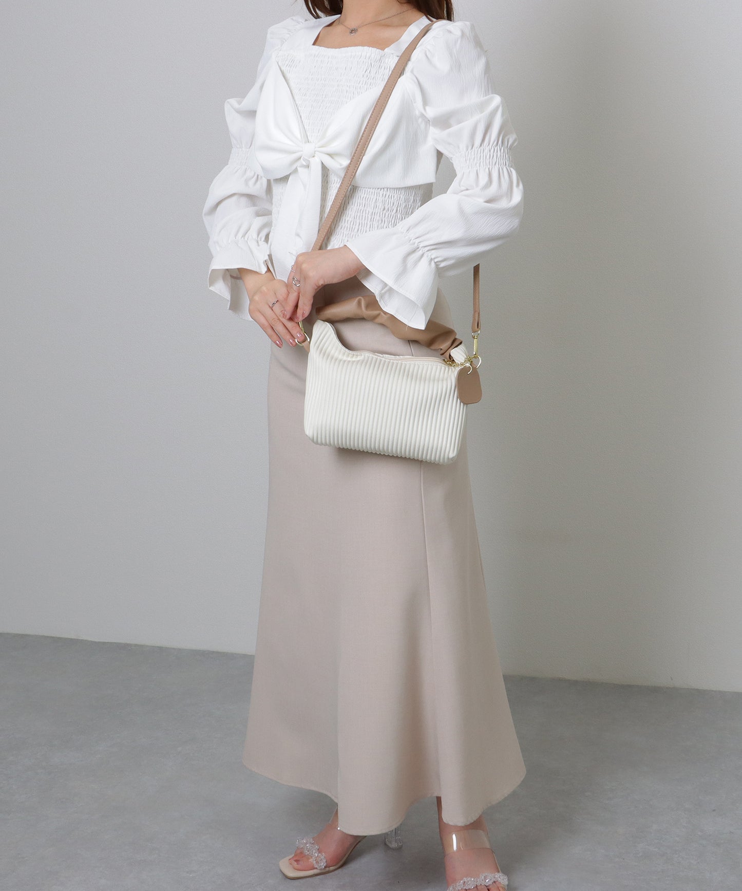 レザー調 ギャザーハンドル ストライプ 2WAY ショルダーバッグ