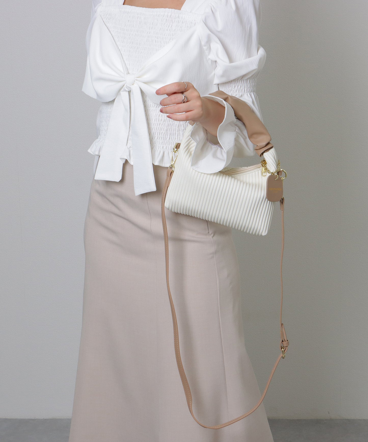 レザー調 ギャザーハンドル ストライプ 2WAY ショルダーバッグ