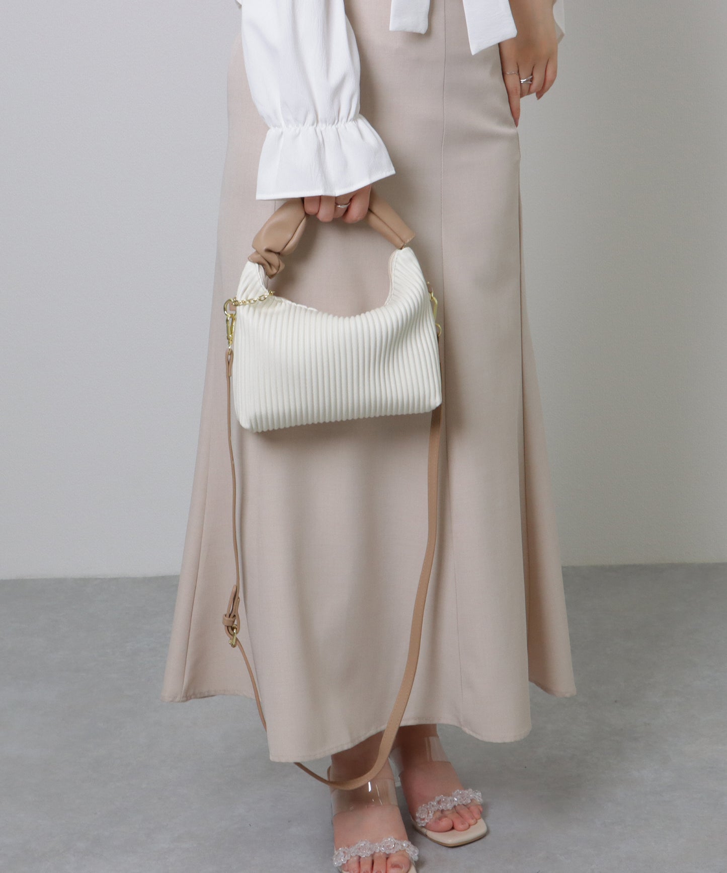 レザー調 ギャザーハンドル ストライプ 2WAY ショルダーバッグ